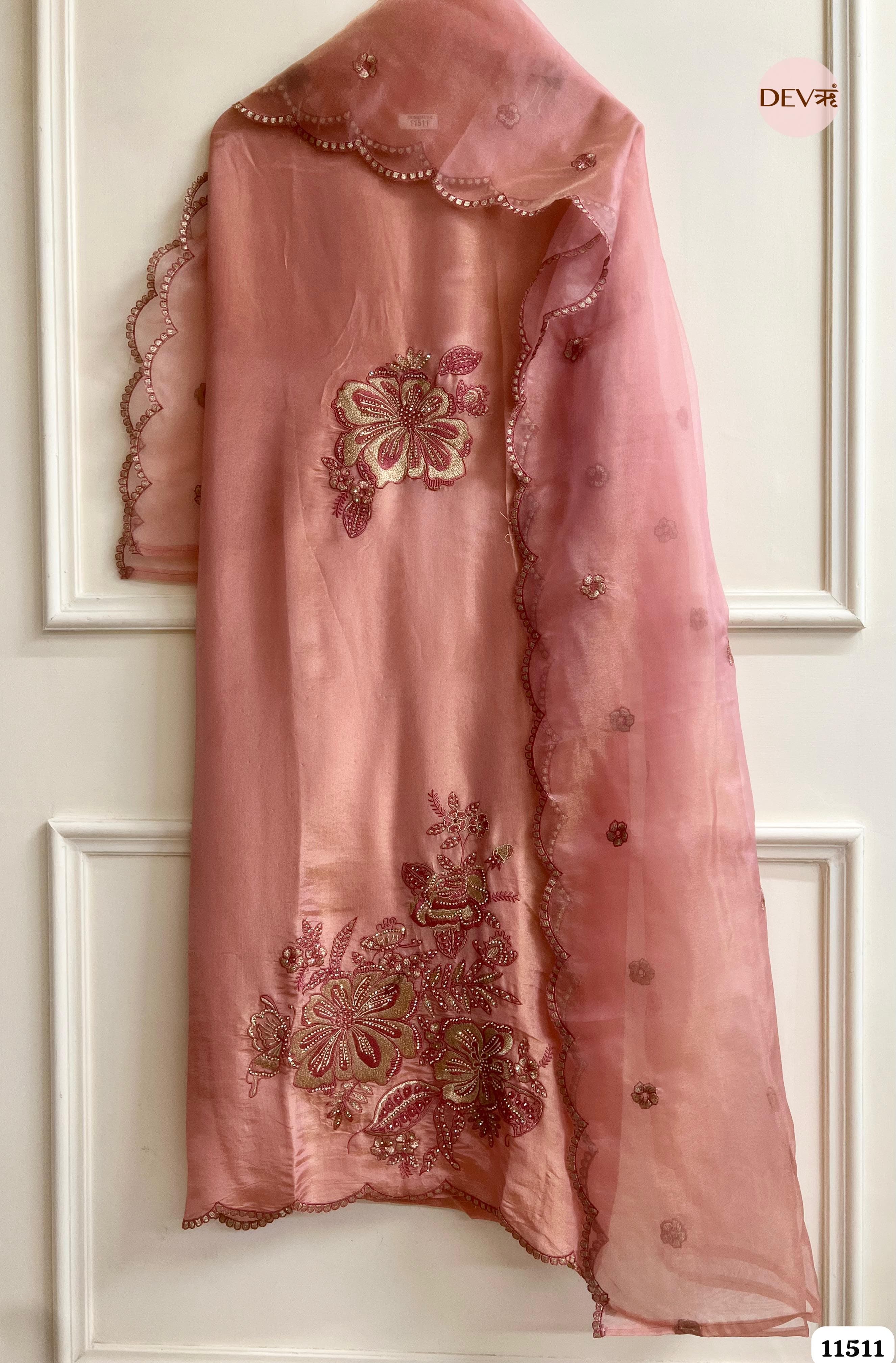 Light Pink Tissue Silk Unstitched Hand Embroidered -Set Of 3 {11511}