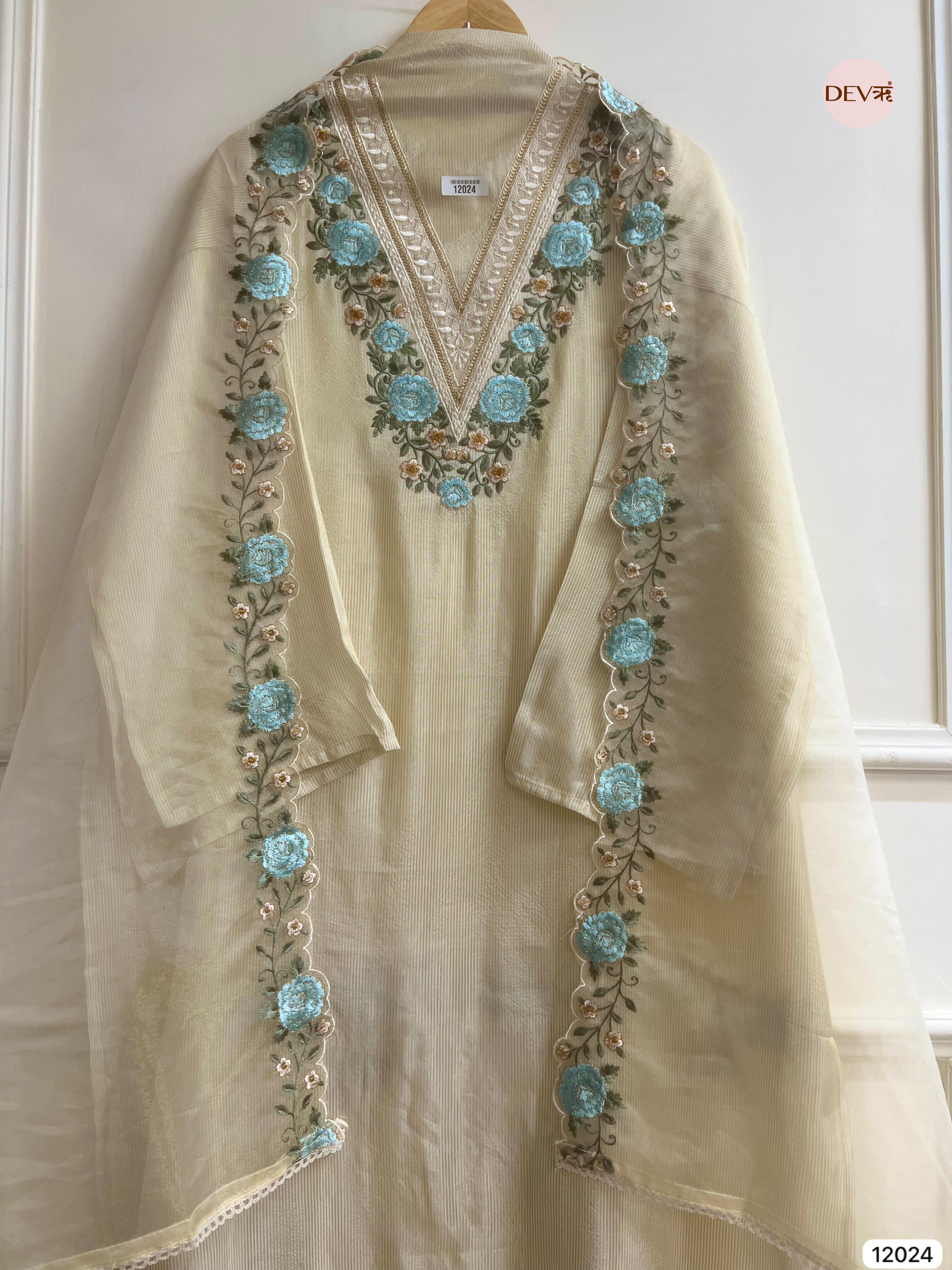 Off White Tissue Shimmer Silk Semi Stitched Embroidered -Set Of 3 - {12024}