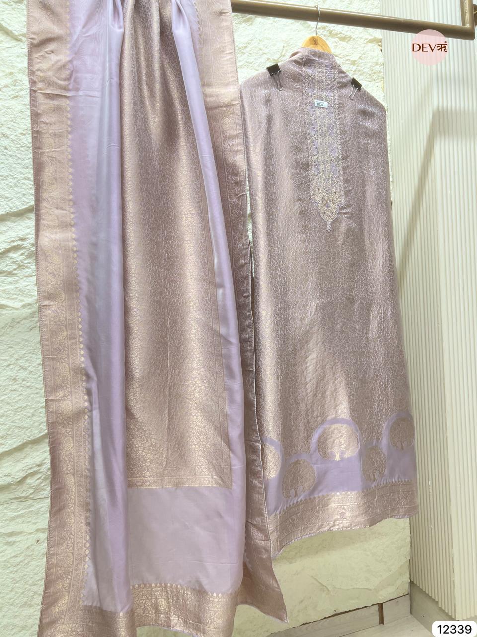 Lavender Mauve Pure Banarasi Silk Embroidered Unstitched 3-Piece Suit (Devri – D.No 12339)
