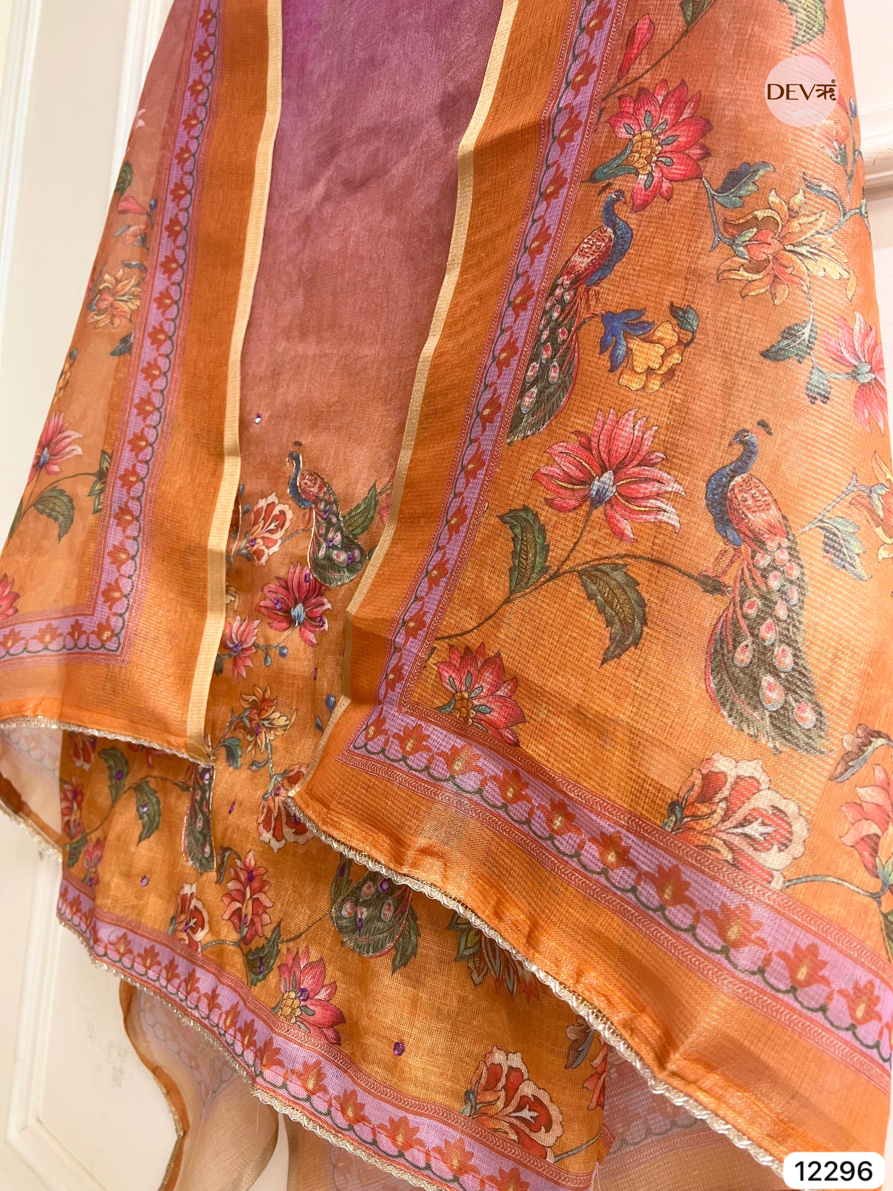 Lavender Peach Linen Printed Unstitched 3-Piece Suit (Devri – D.No 12296)