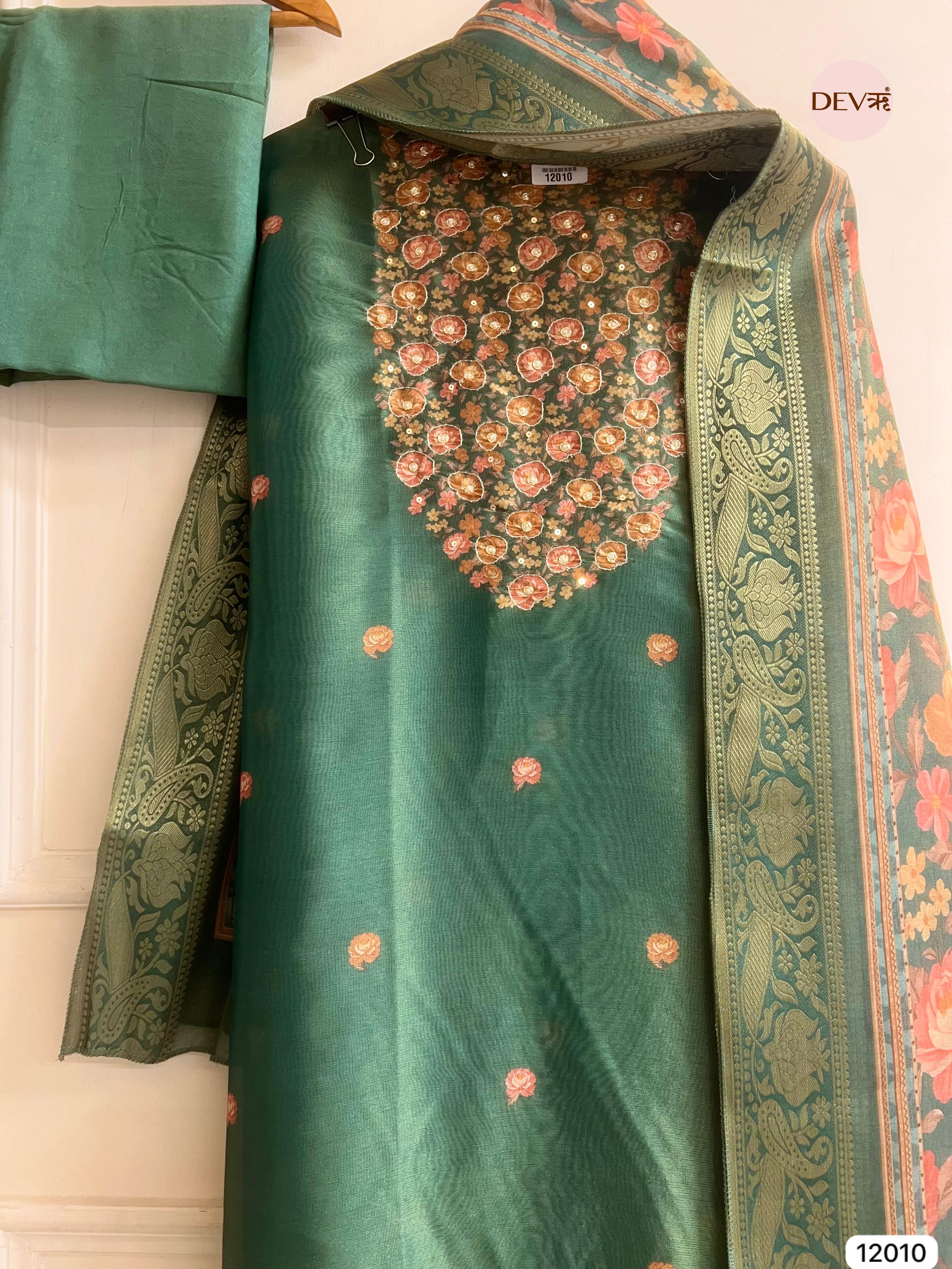 Green Tissue Silk Unstitched Printed Hand Embroidered -Set Of 3- {12010}