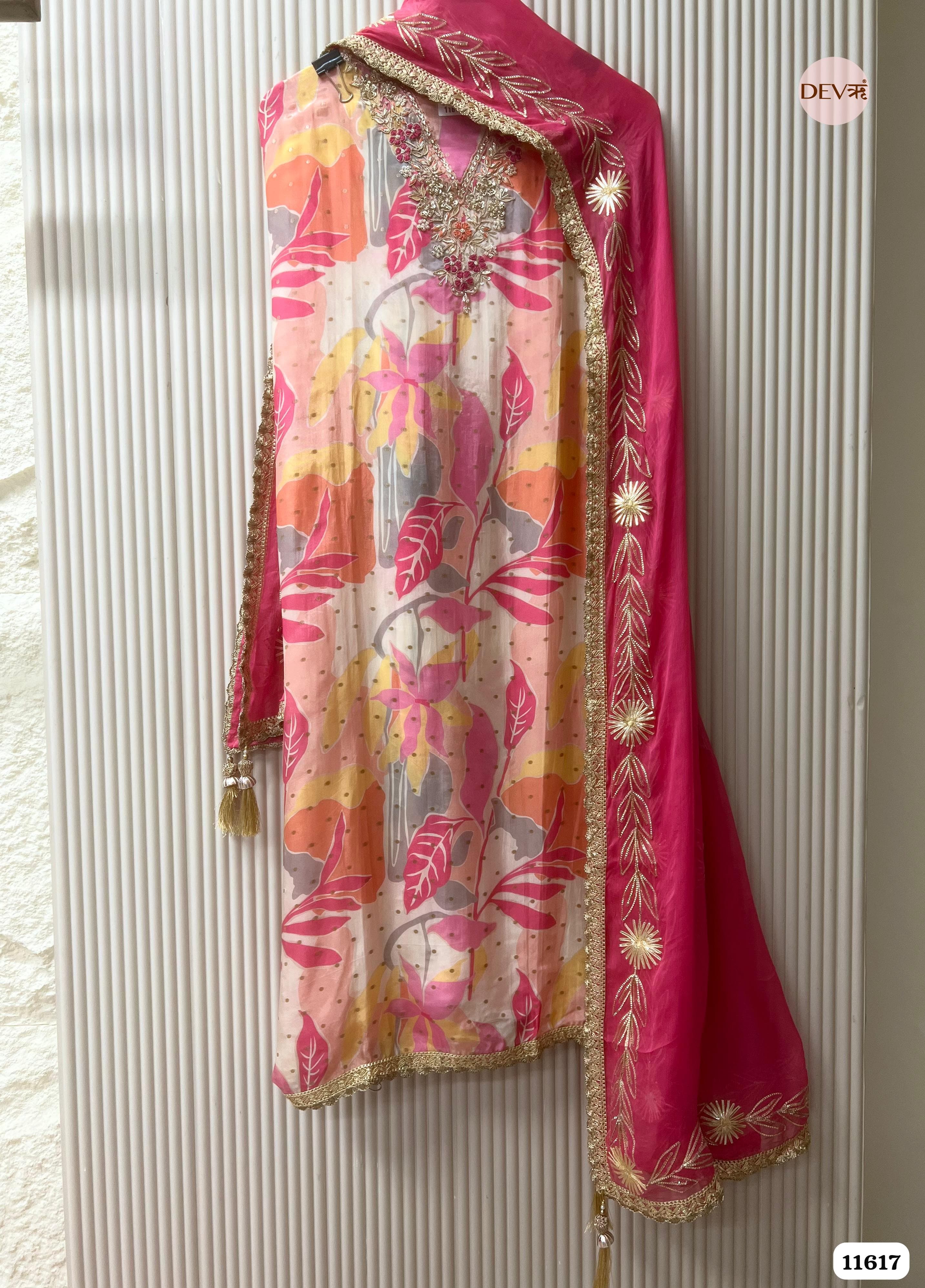 Pink Pure Silk Unstitched Printed Hand Embroidered -Set Of 3 {11617}