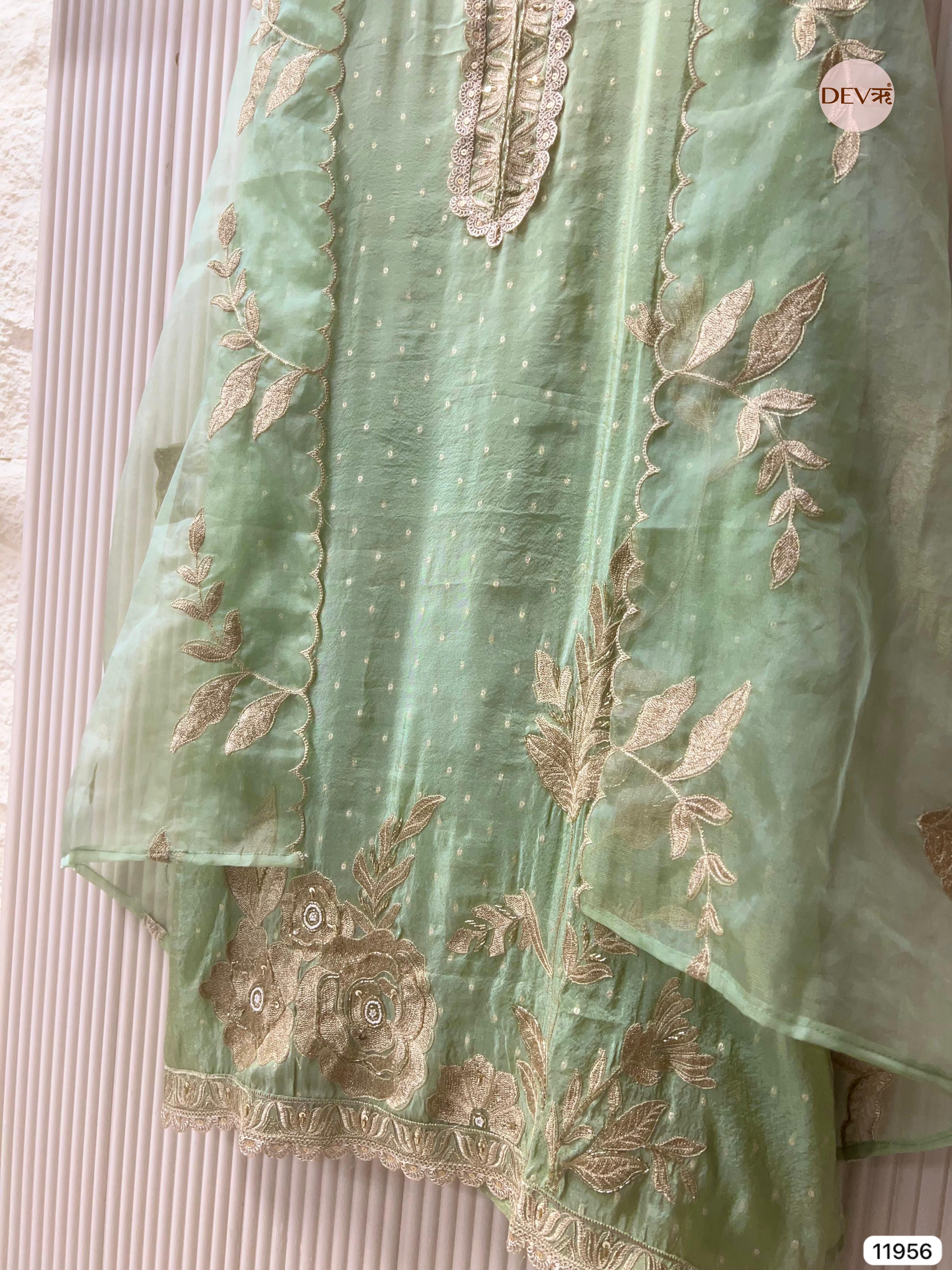 Green Tissue Silk Unstitched Banarasi Weave Embroidered -Set Of 3 - {11956}