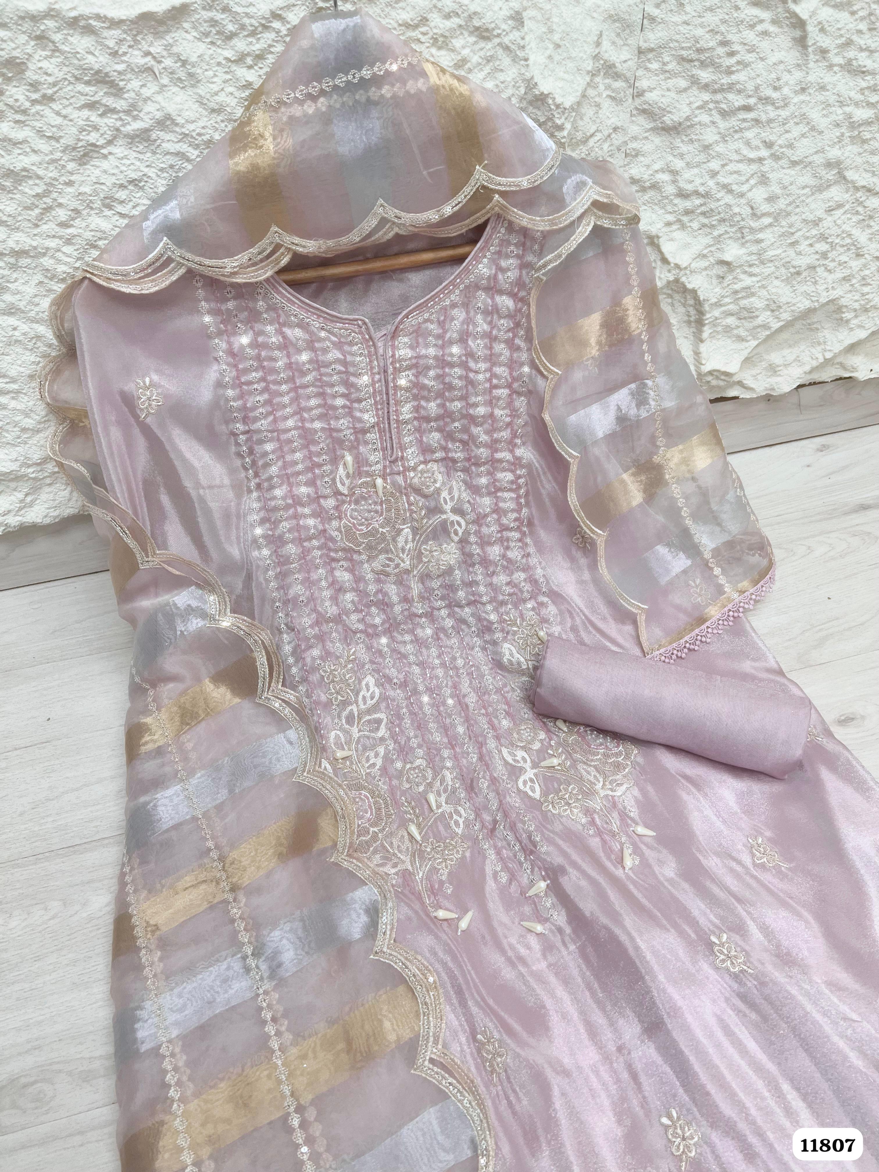 Pink Tissue silk unstitched Hand Embroidered -Set Of 3 {11807}