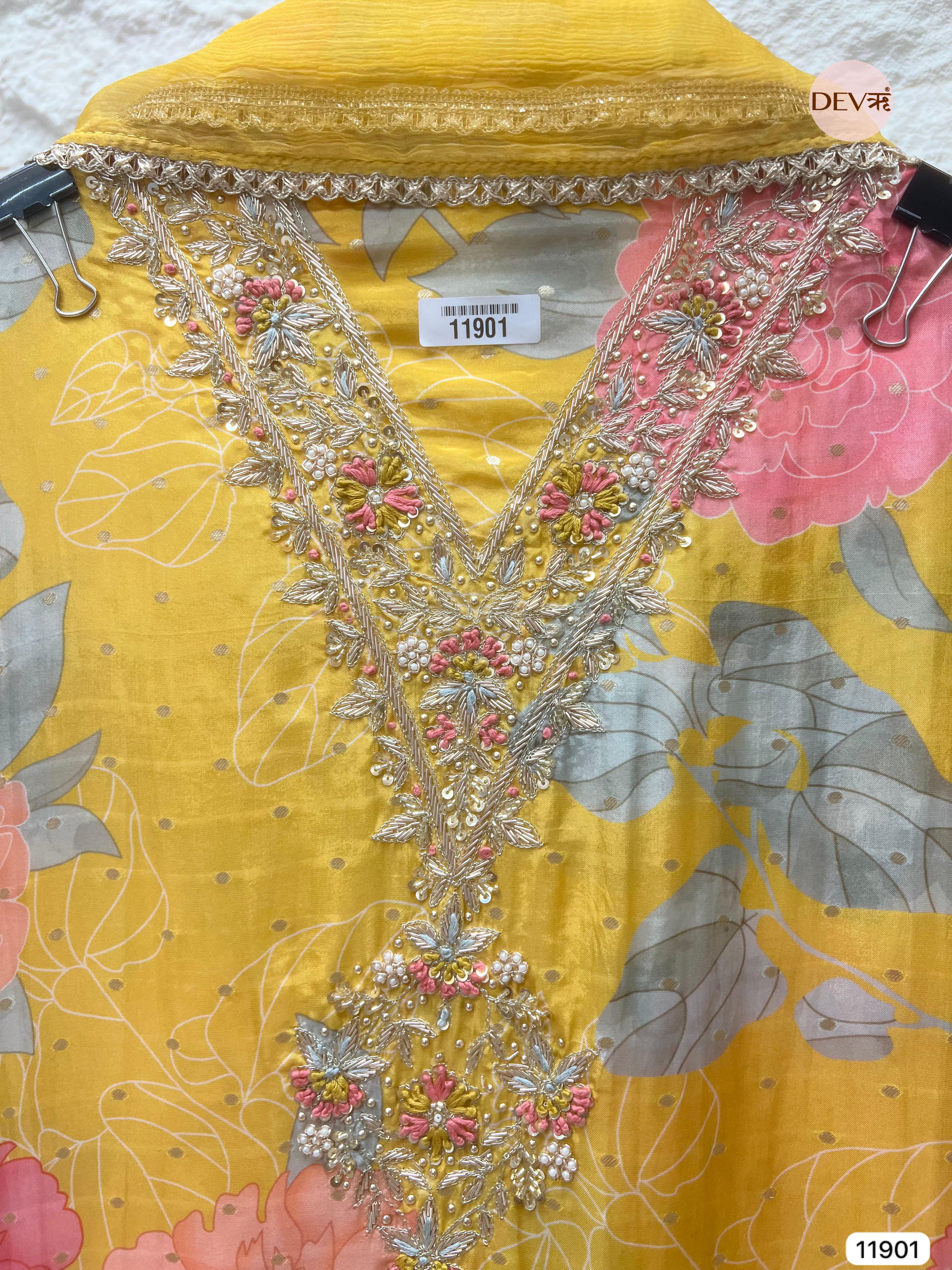 Yellow Pure Shimmer Tissue Silk Unstitched Printed Hand Embroidered -Set Of 3- {11901}