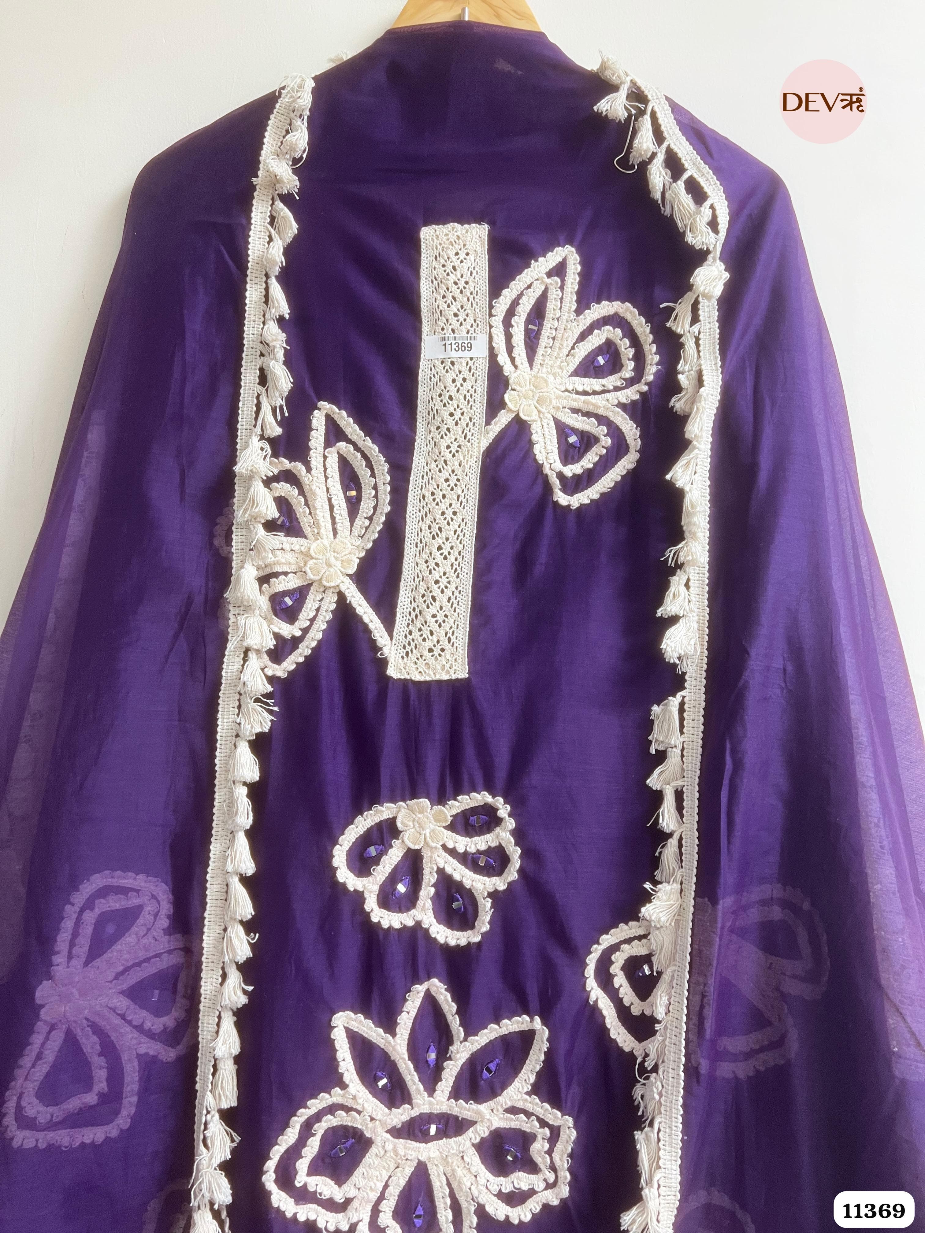Purple Mul Chanderi Unstitched Hand Embroidered -Set Of 3 {11369}