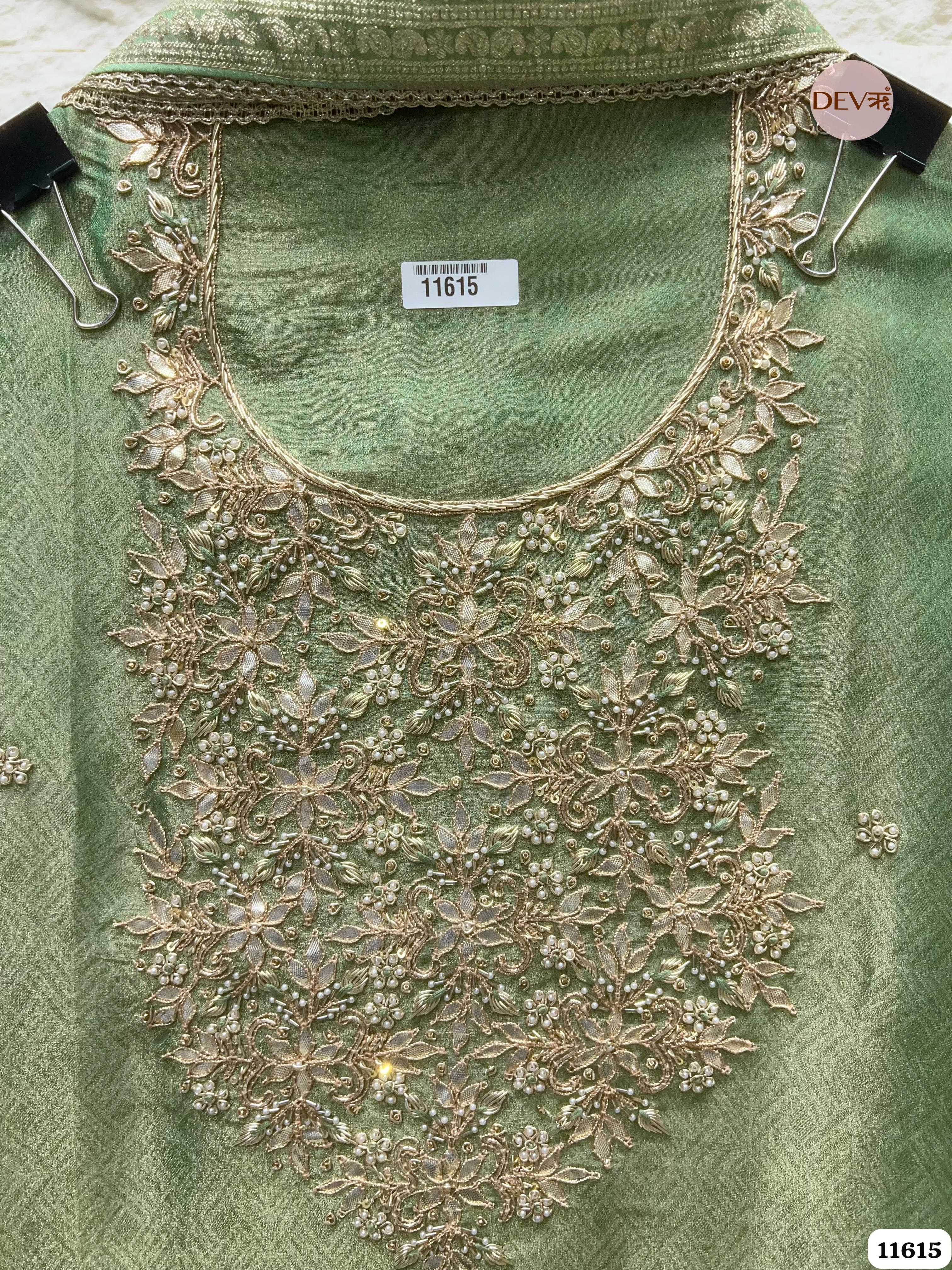 Green Pure Tissue Silk Unstitched Hand Embroidered -Set Of 3 {11615}