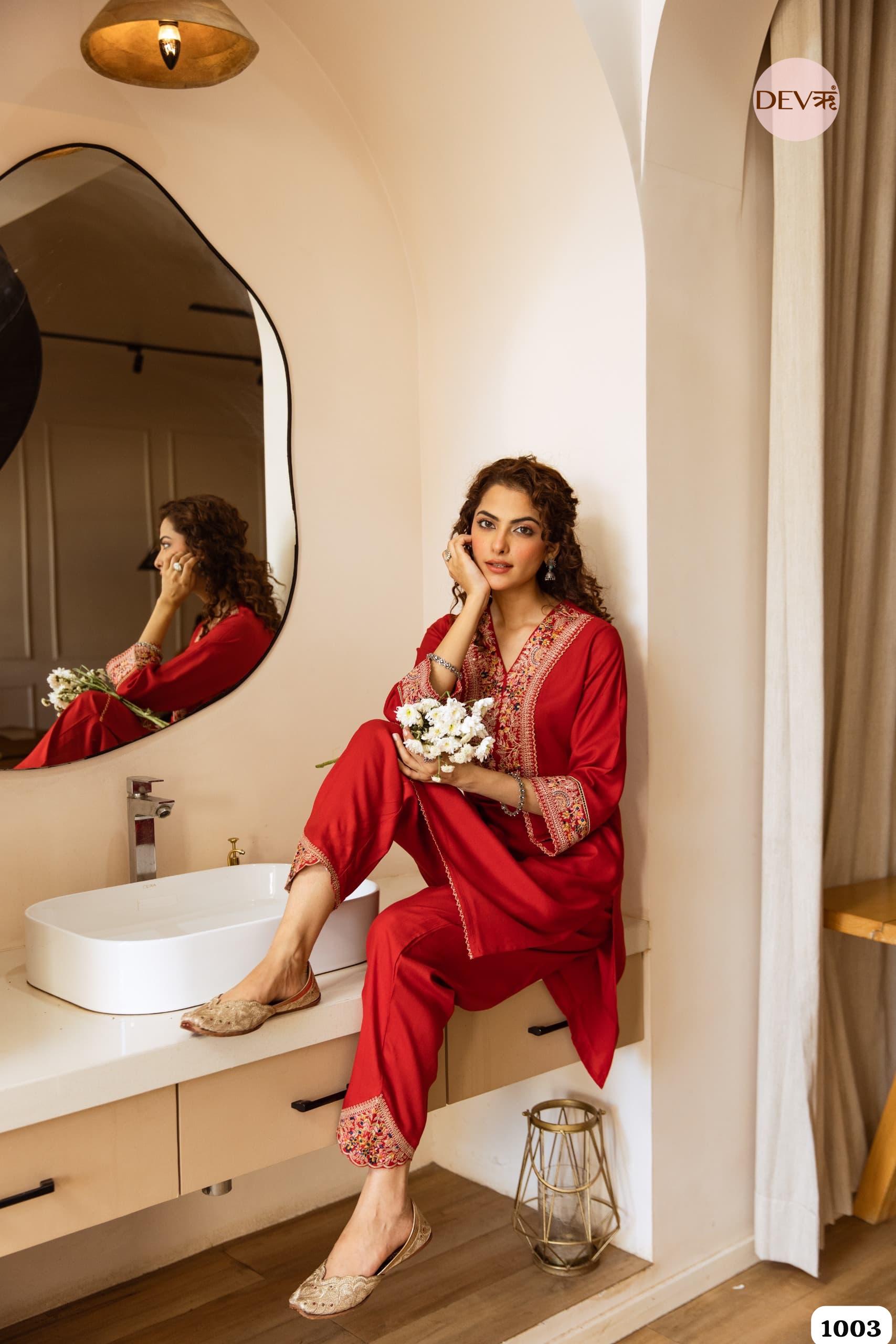 Red Embroidered Kurta Set Crafted From Soft german Reyon Fabric {1003}