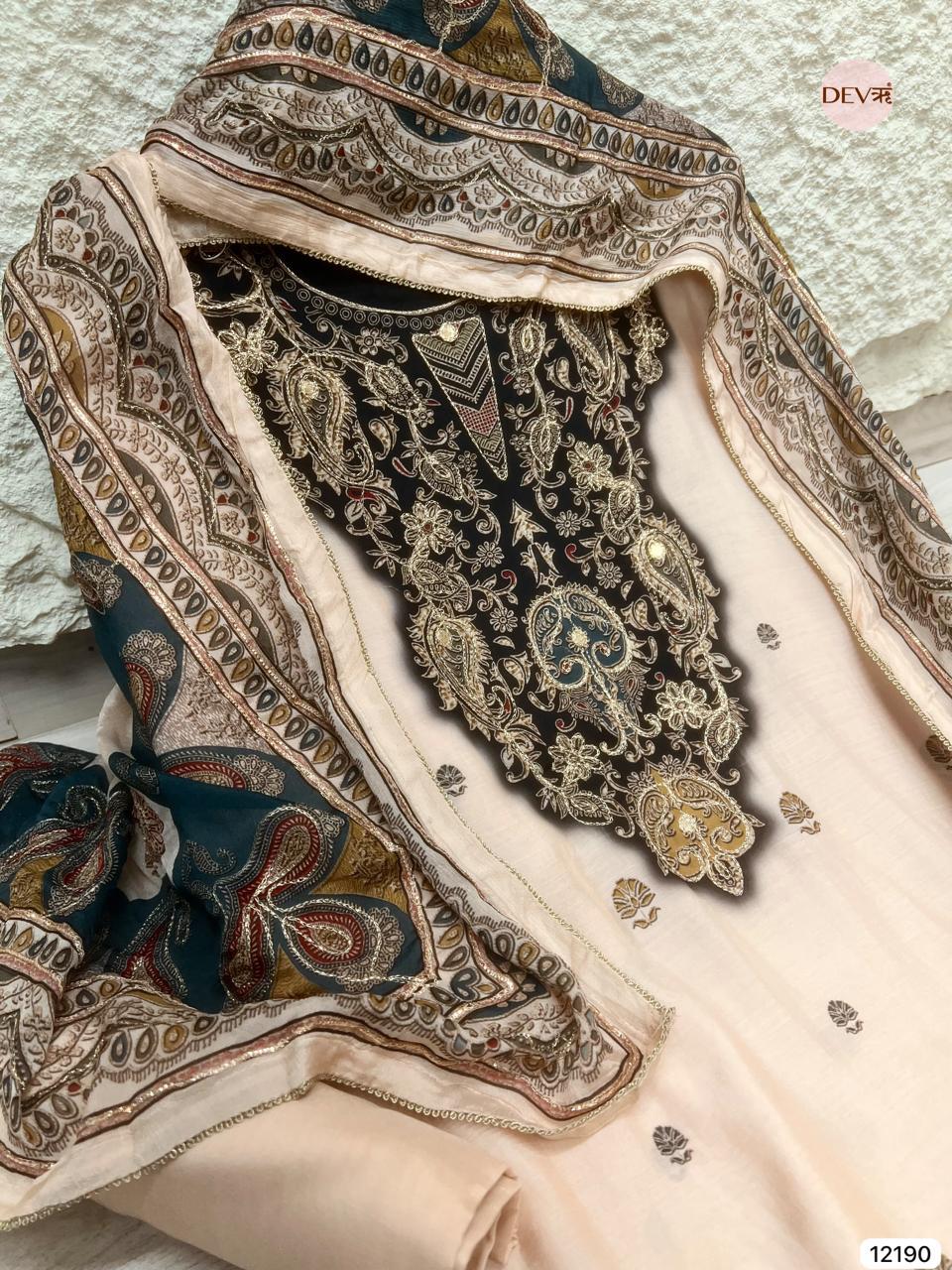 Soft Cream Muslin Printed Unstitched 3-Piece Suit (Devri – D.No 12190)