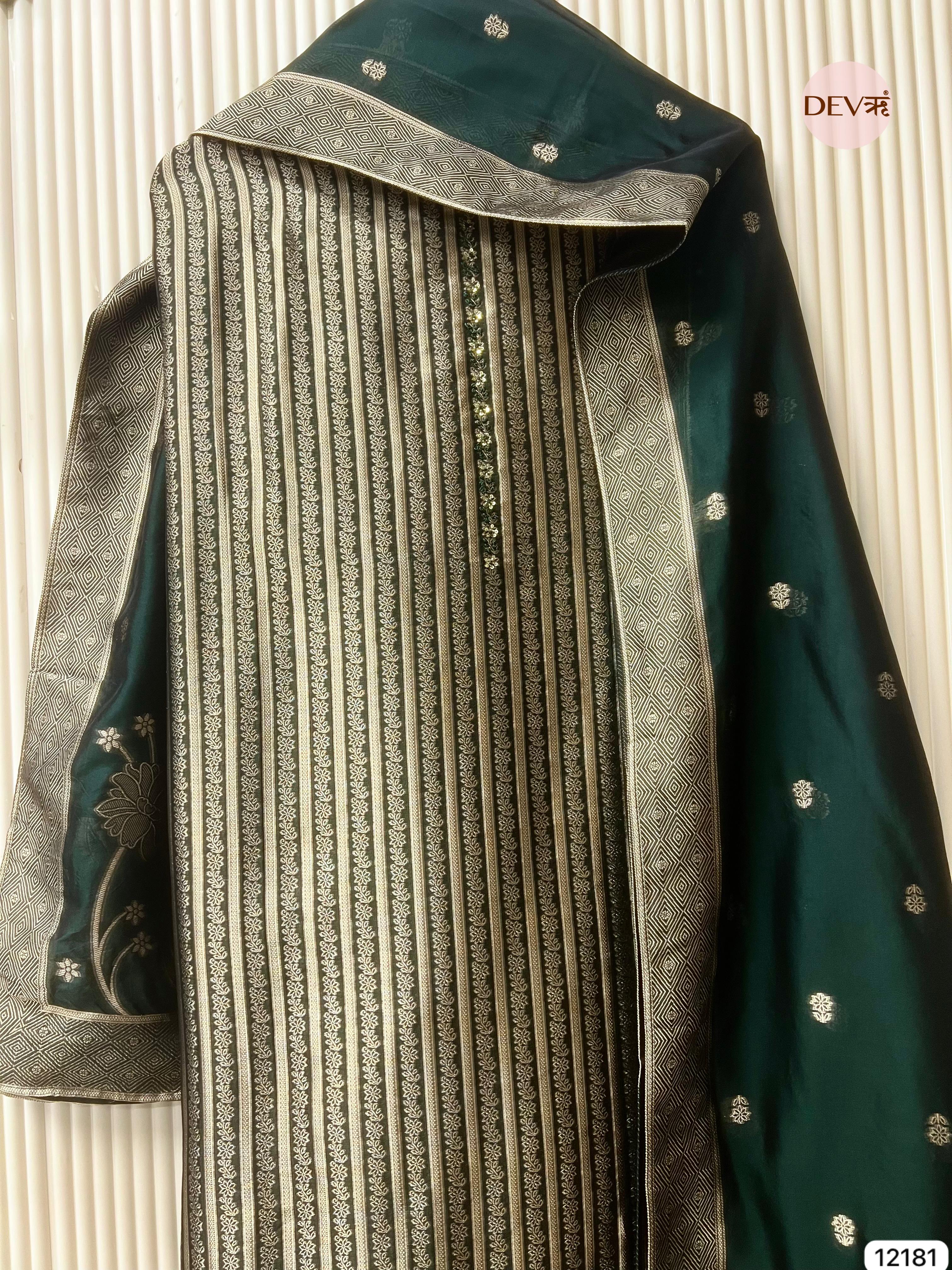 Green Pure Banarasi Silk Unstitched Hand Embroidered-Set of - {12181}