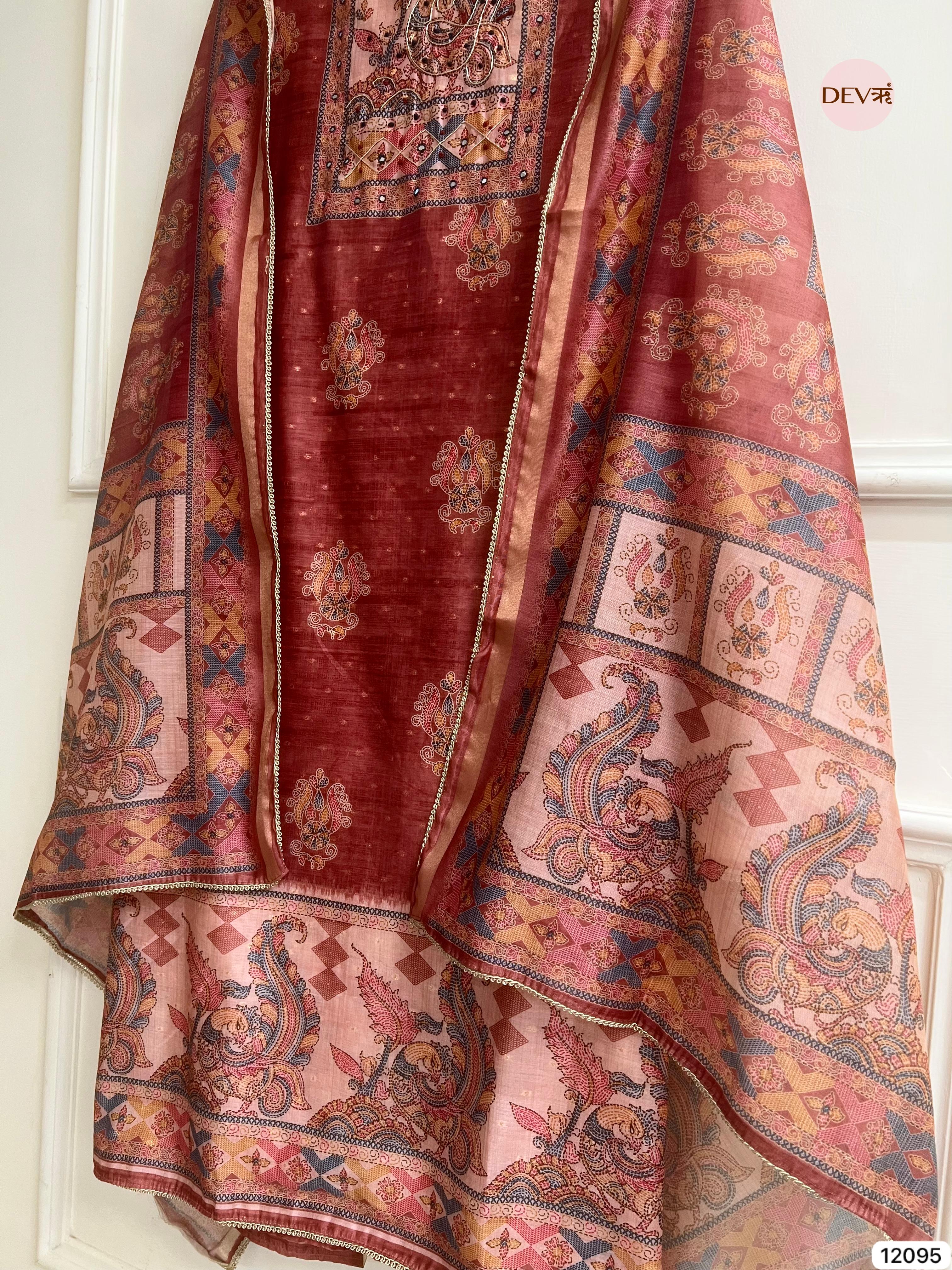 Red Tusser Khadi Silk Printed Unstitched Hand Embroidered -Set Of 3 - {12095}