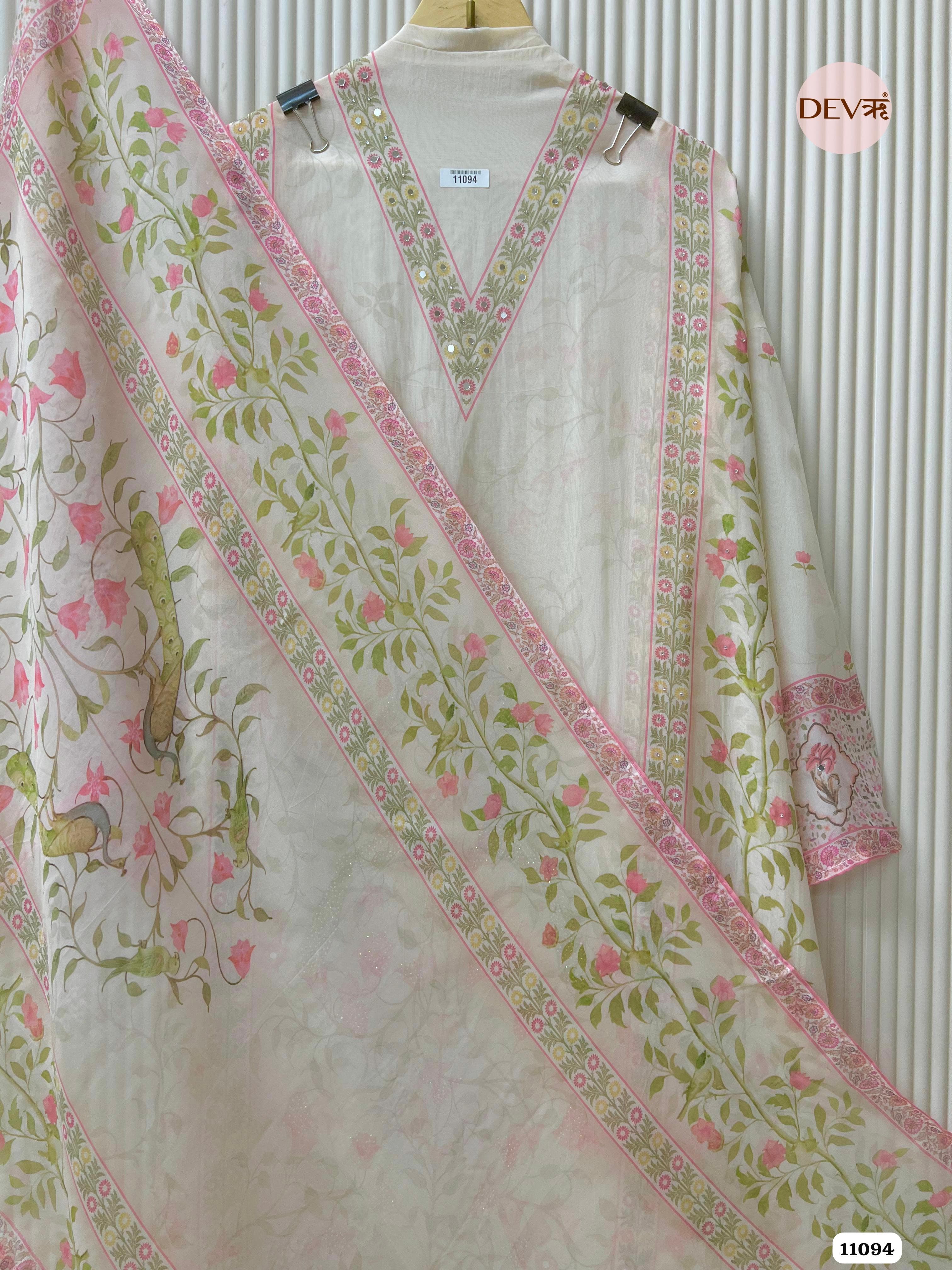 White Organza Printed Semi Stitched Hand Embroidered -Set Of 3 {11094}