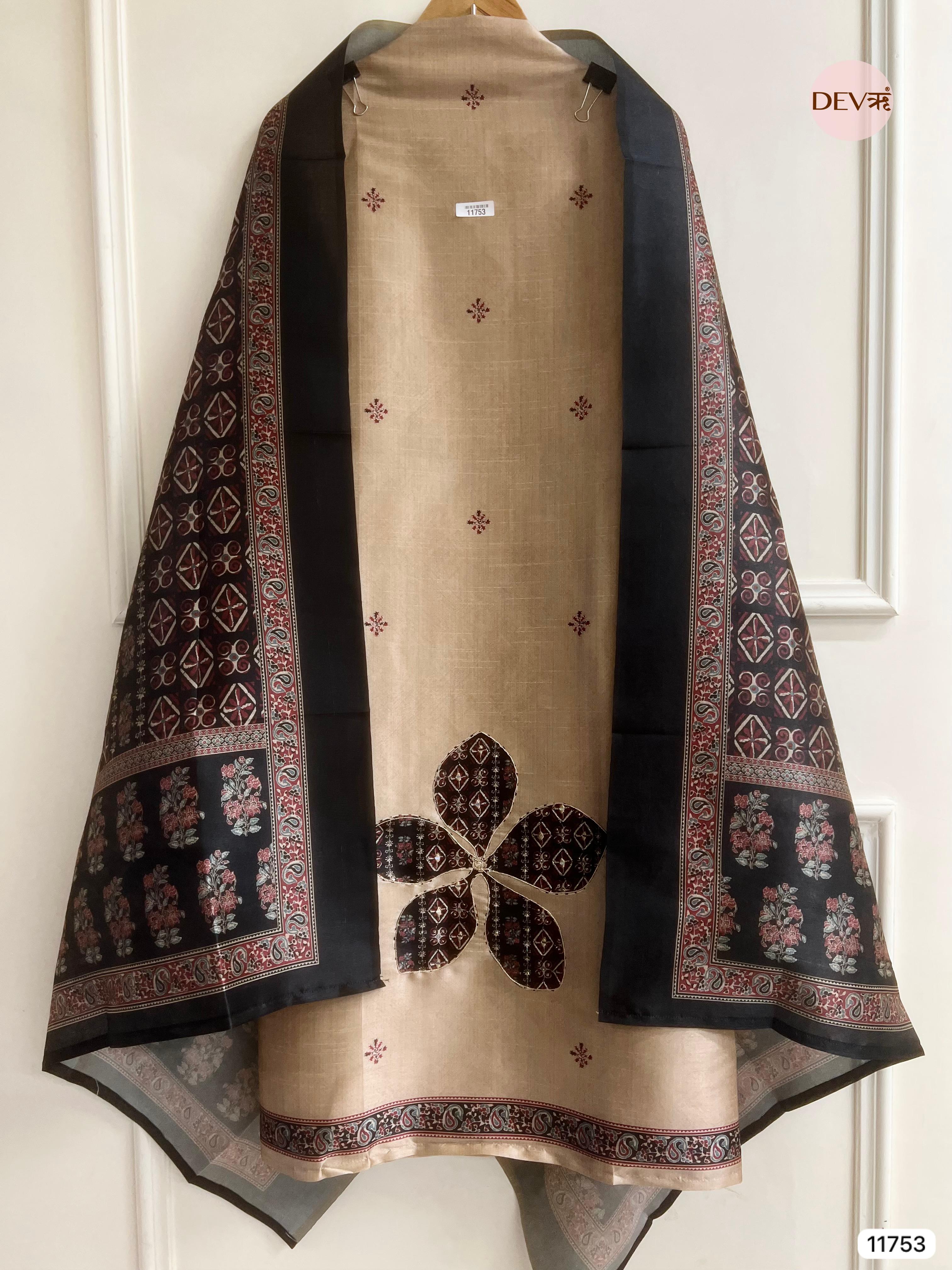 Beige colour Raw Silk Unstitched Hand Applique Work Embroidered -Set Of 3 - {11753}