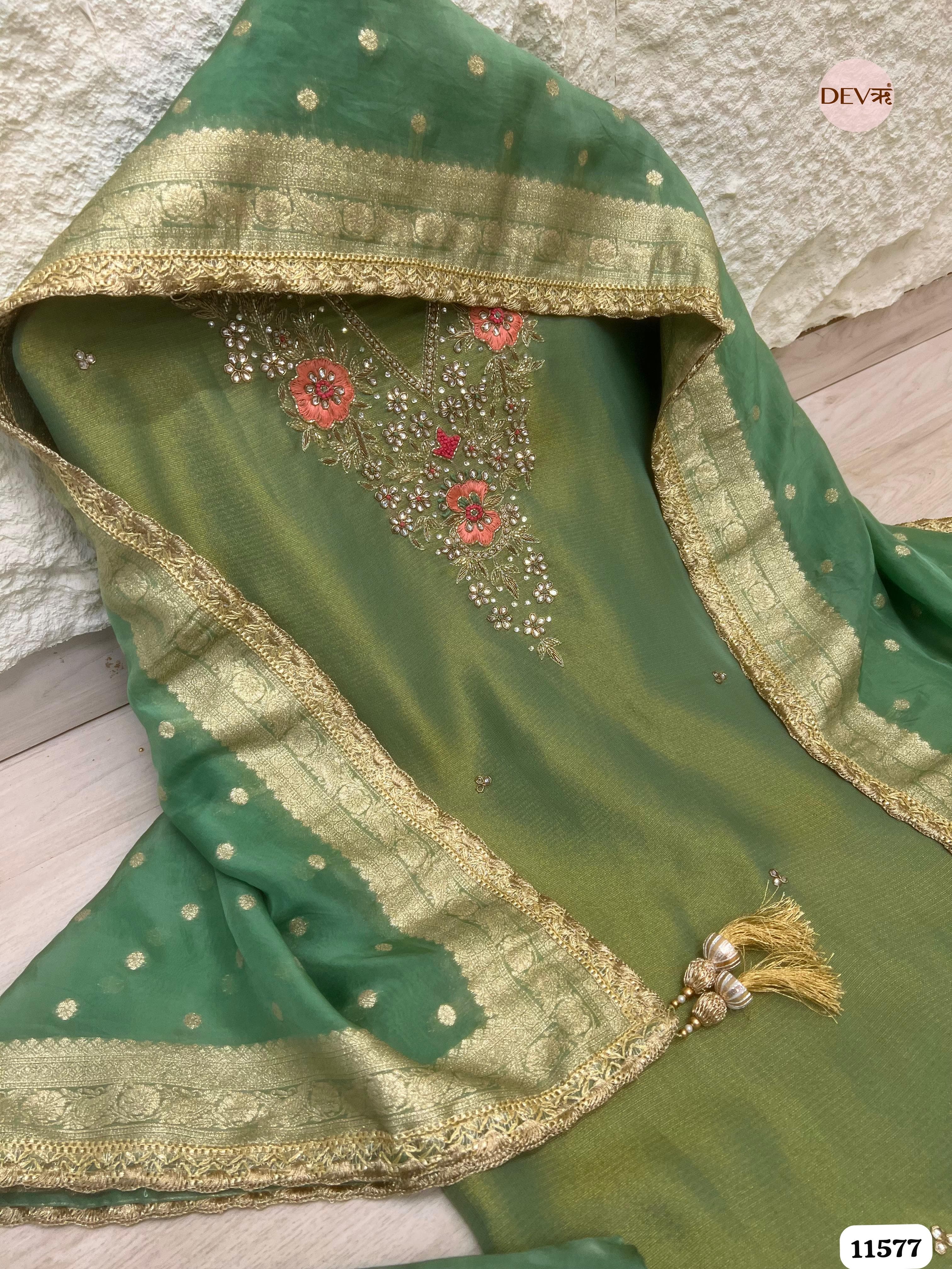 Green Pure Tissue Silk Unstitched Hand Embroidered -Set Of 3 {11577}