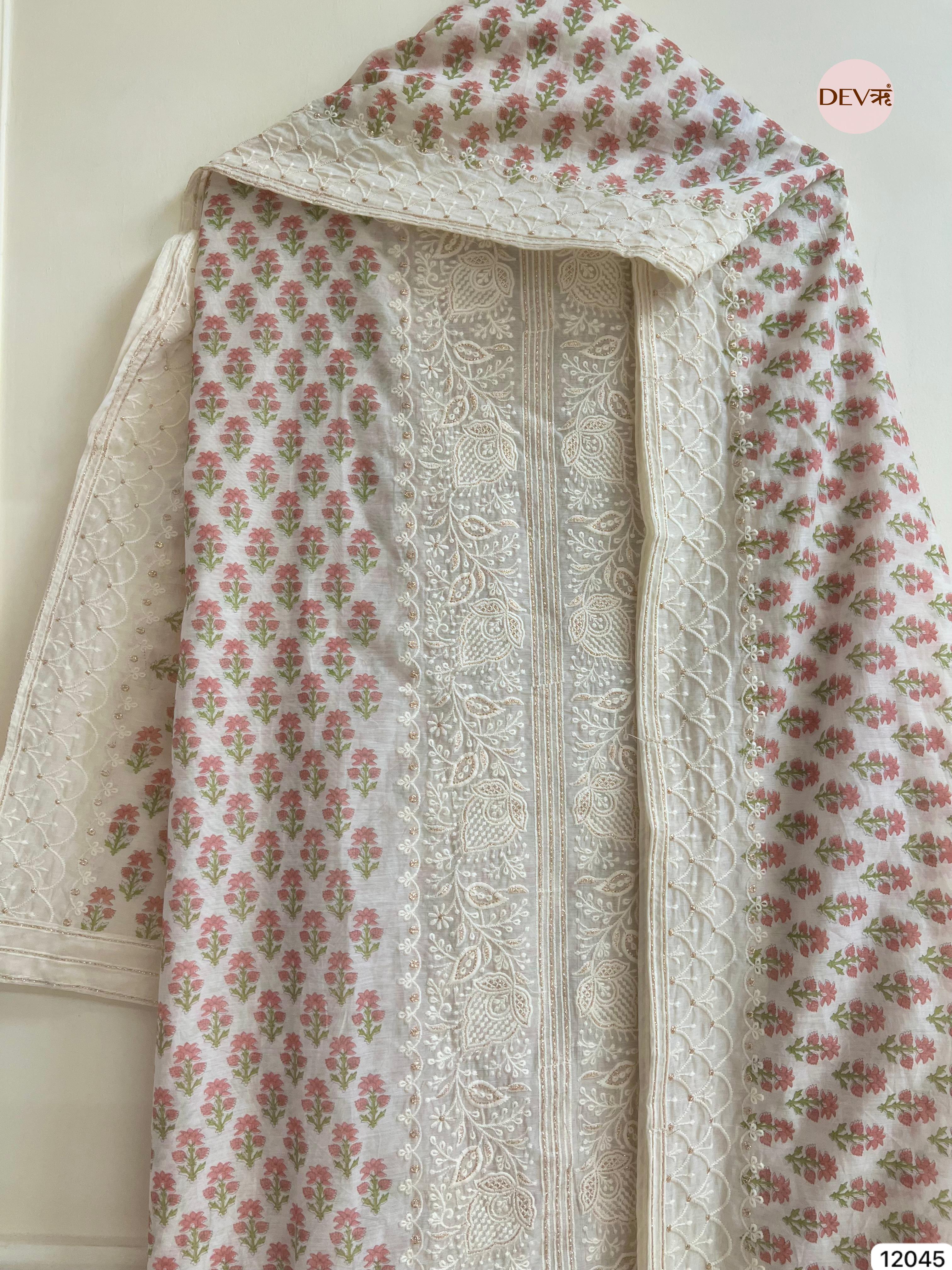 Off White Mul Chanderi Unstitched Block Printed Lucknawi Embroidered -Set Of 3 - {12045}