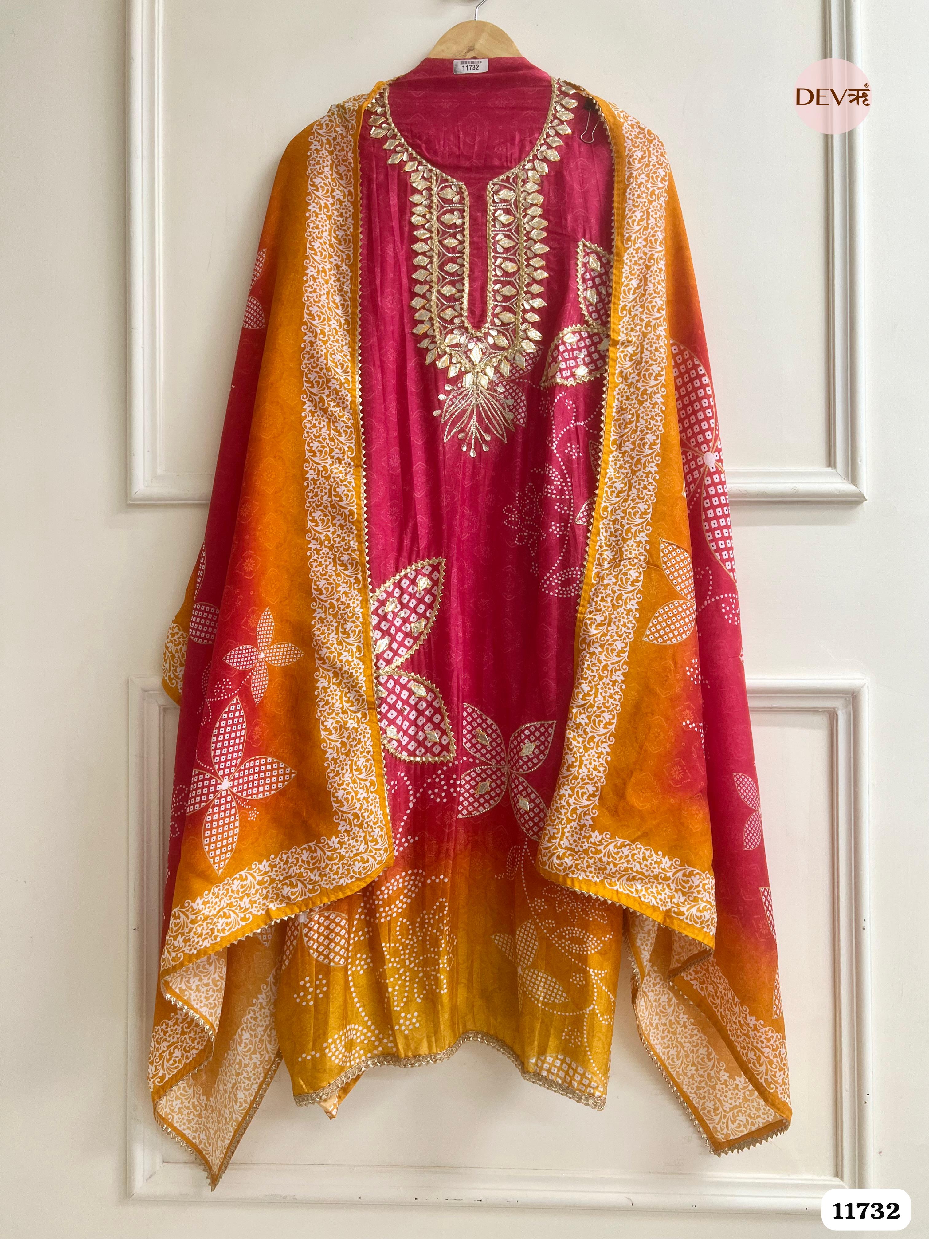 Rani Pink Russian Silk Semi Stitched Printed Hand Embroidered -Set Of 3- {11732}