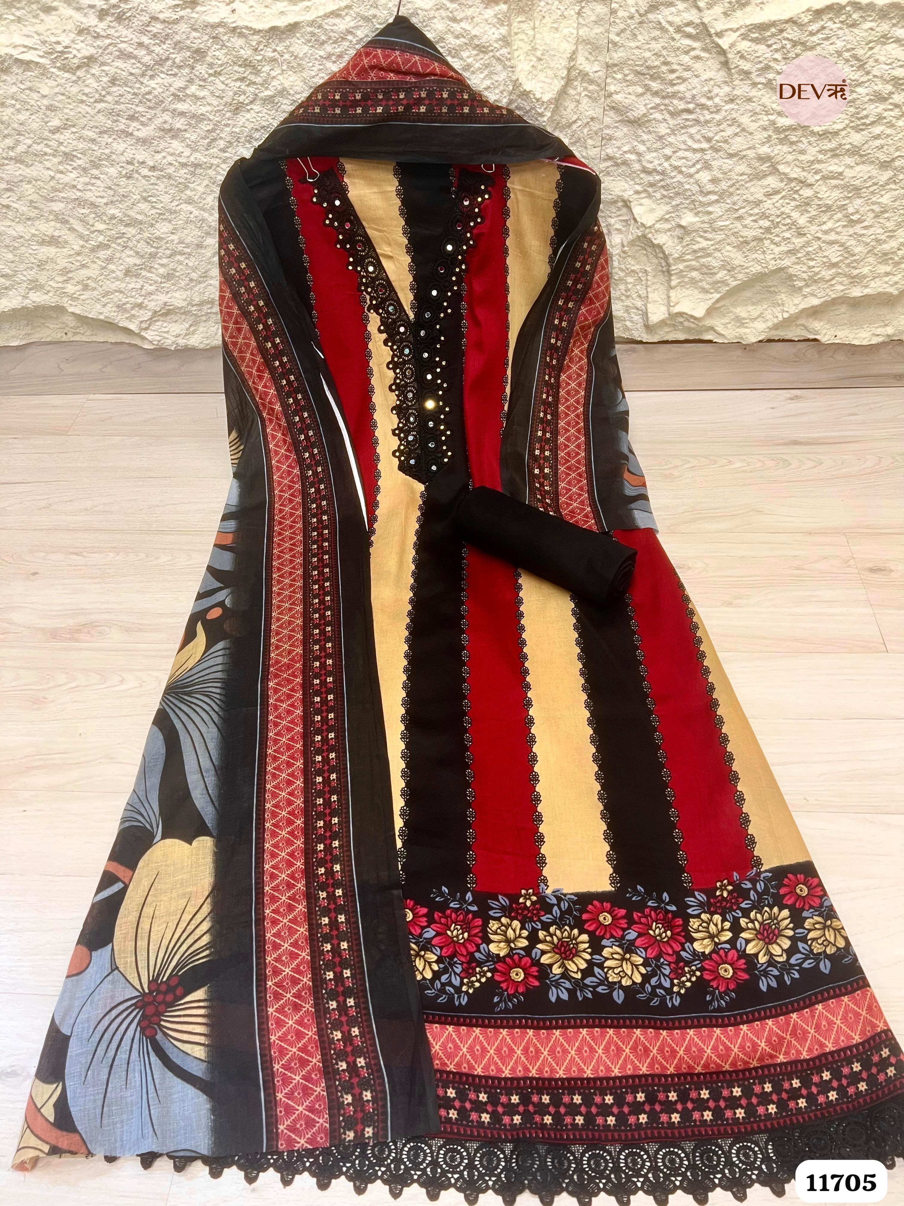 Multi Colour Cotton Unstitched Printed Embroidered -Set Of 3 {11705}