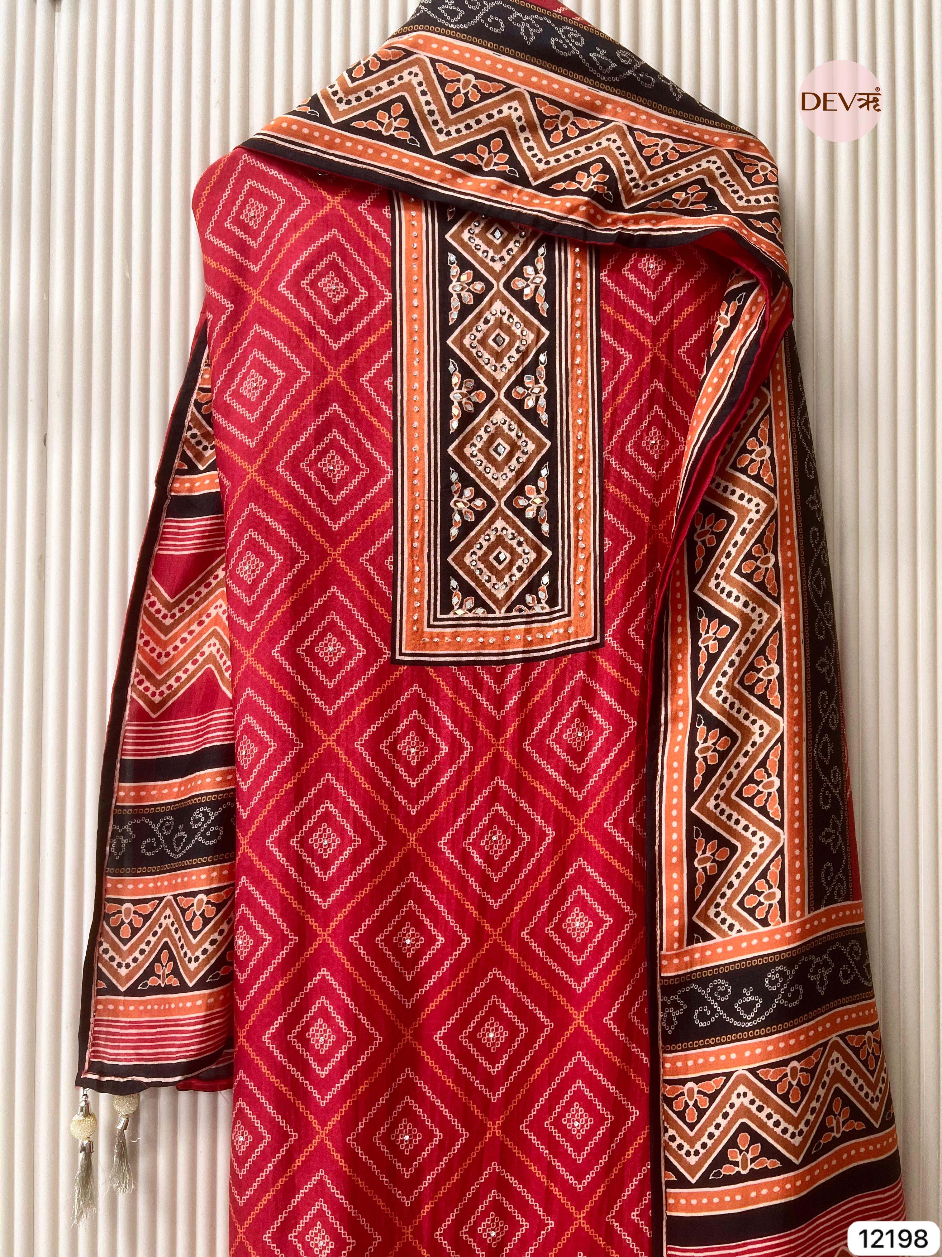 Red Pure russian silk Printed Unstitched Hand Embroidered -Set Of 3 - {12198}