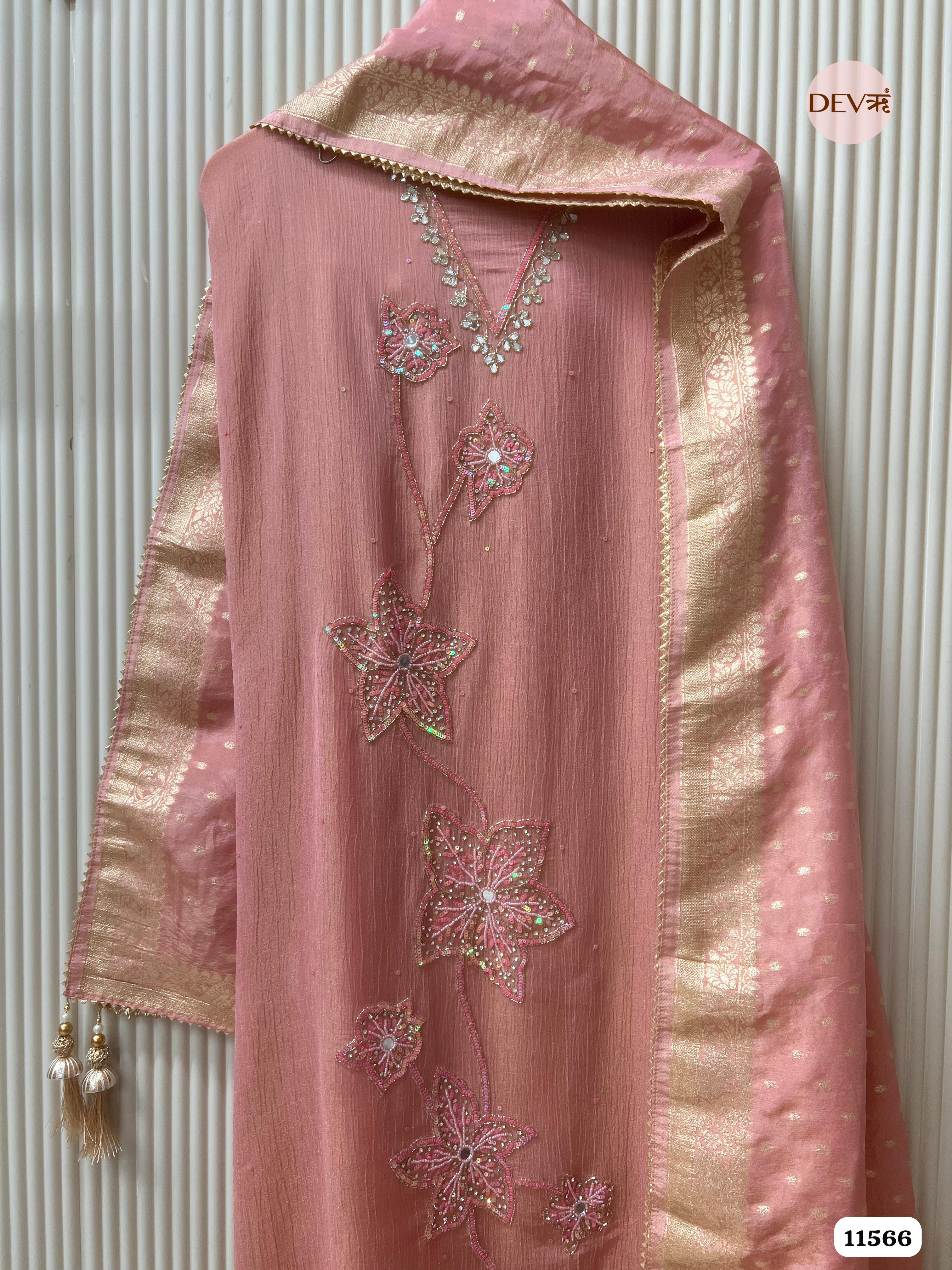 Pink Pure Chinon Unstitched Hand Embroidered -Set Of 3 {11566}