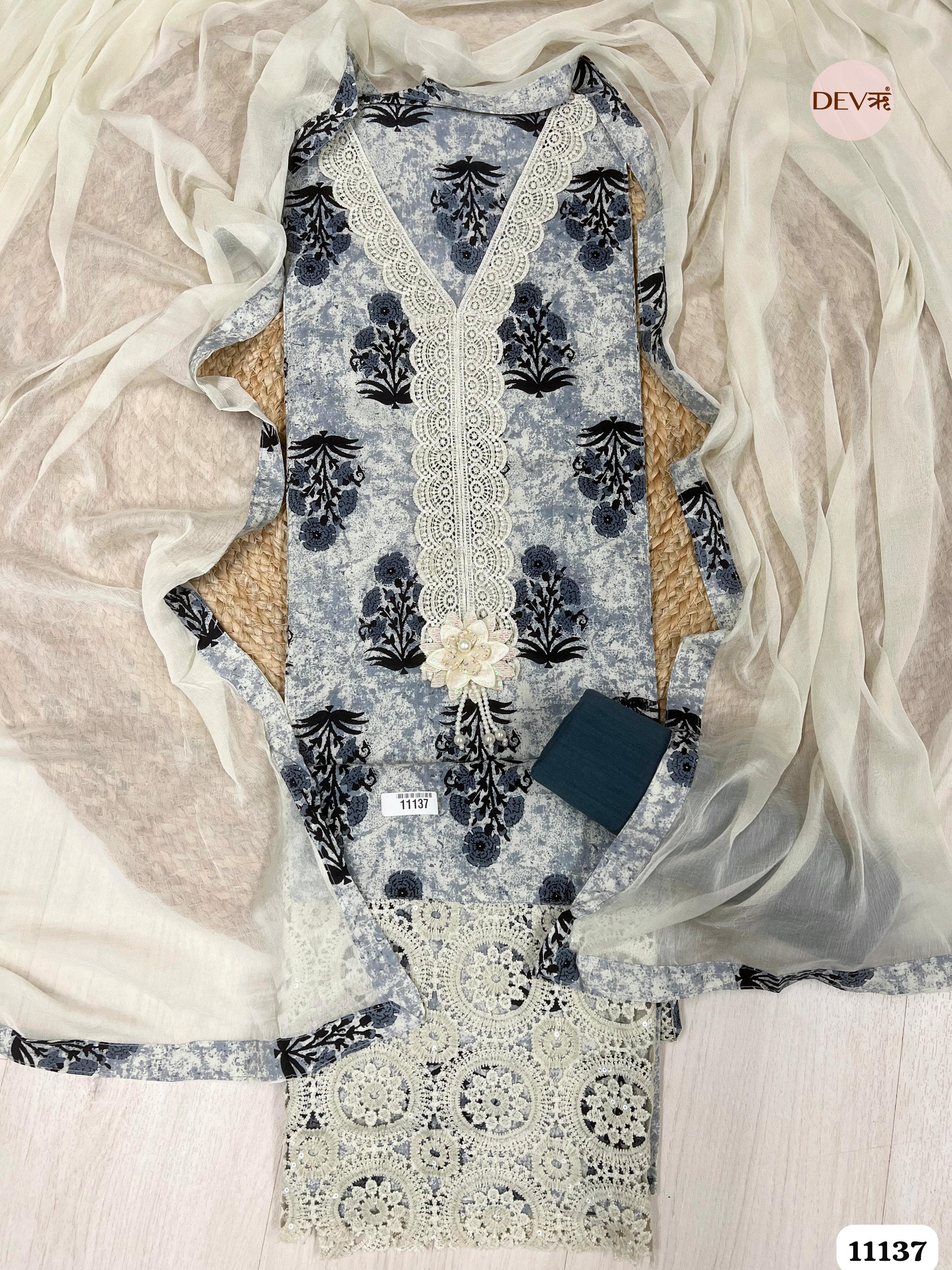 Black/White Cotton Unstitched Printed -Set Of 3 {11137}