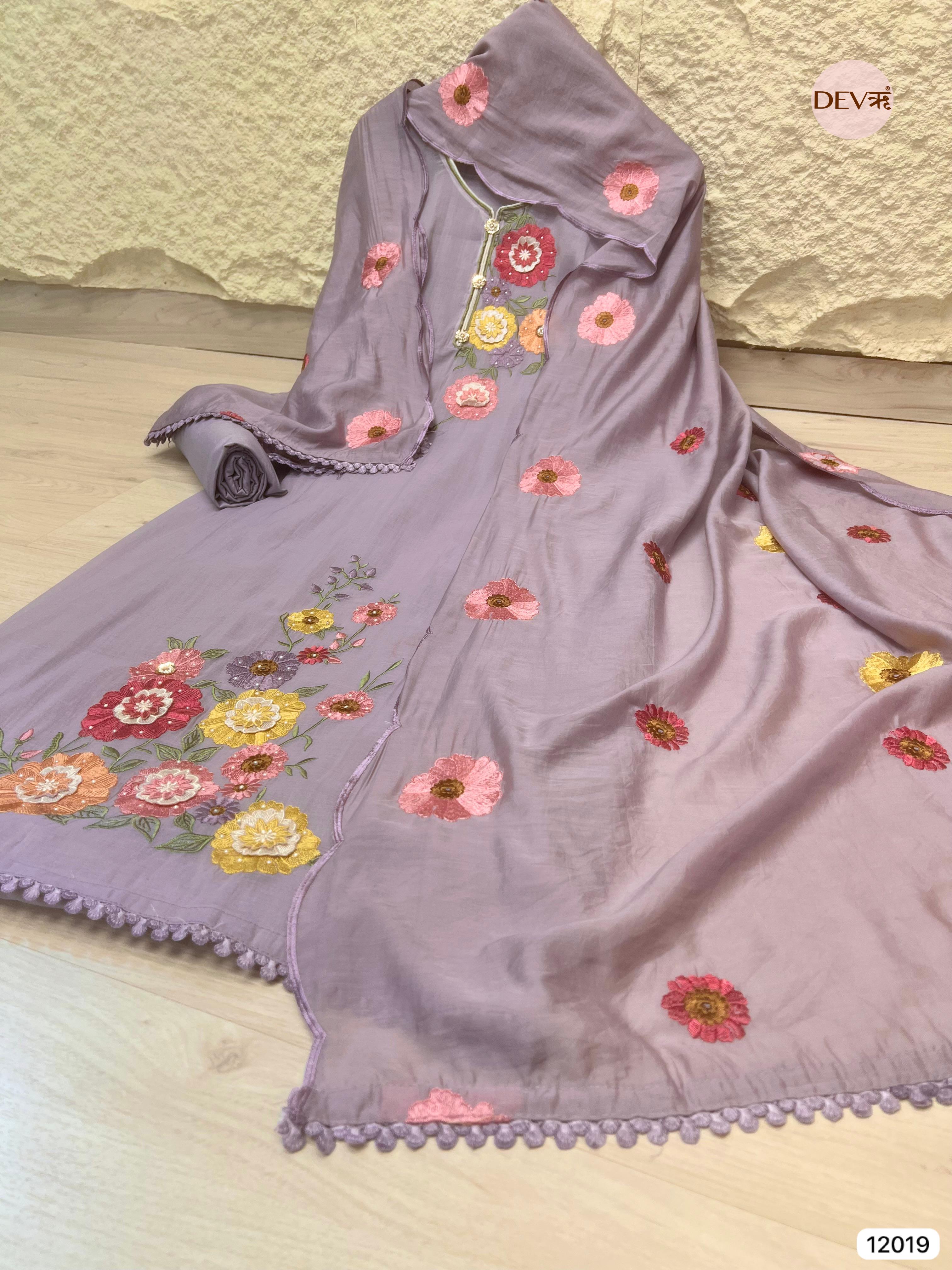 Purple Pure Mul Chanderi Unstitched Embroidered -Set Of 3 - {12019}