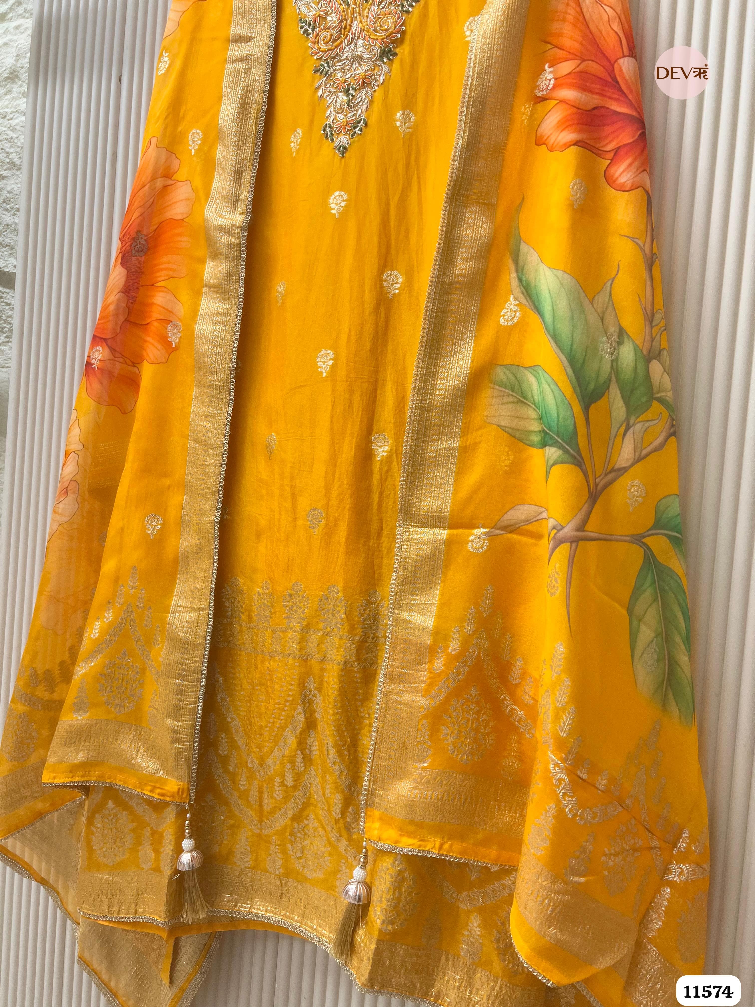 Yellow Pure Organza Silk Unstitched Banarasi Woven Hand Embroidered -Set Of 3 {11574}