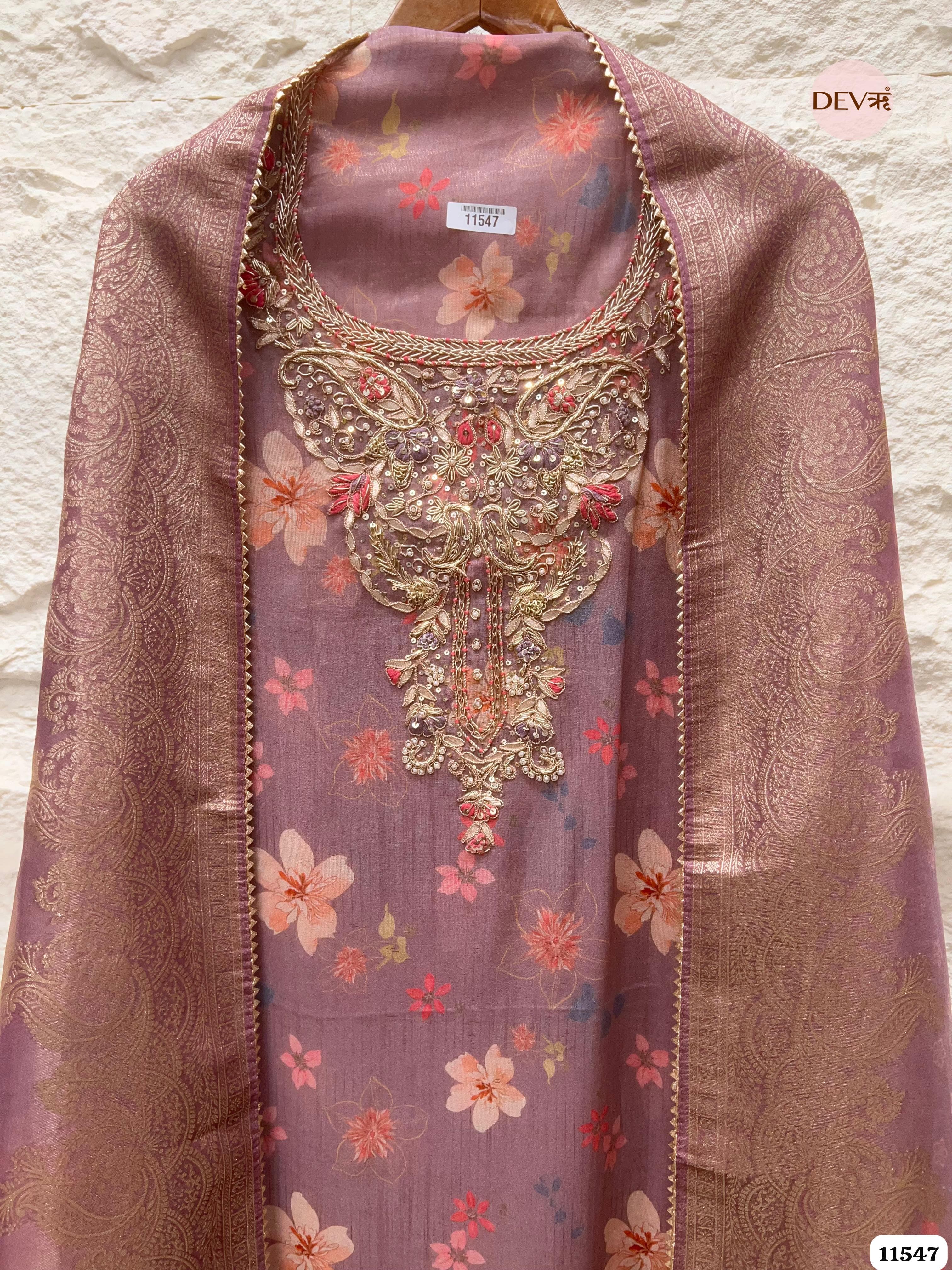 Purple Pure Tissue Silk Printed Unstitched Hand Embroidered -Set Of 3 {11547}