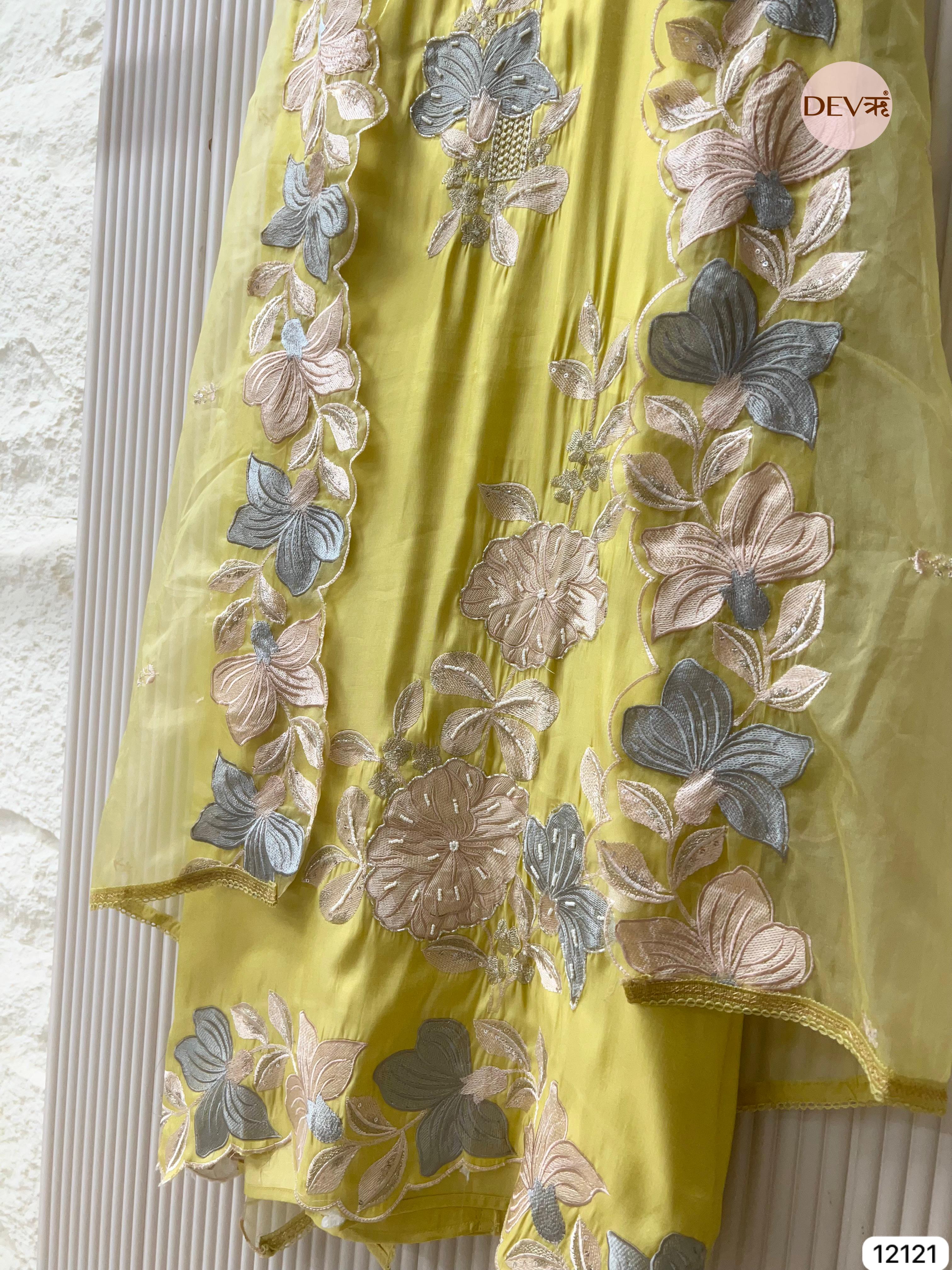 Yellow Organza Silk Unstitched Hand Embroidered -Set Of 3 - {12121}