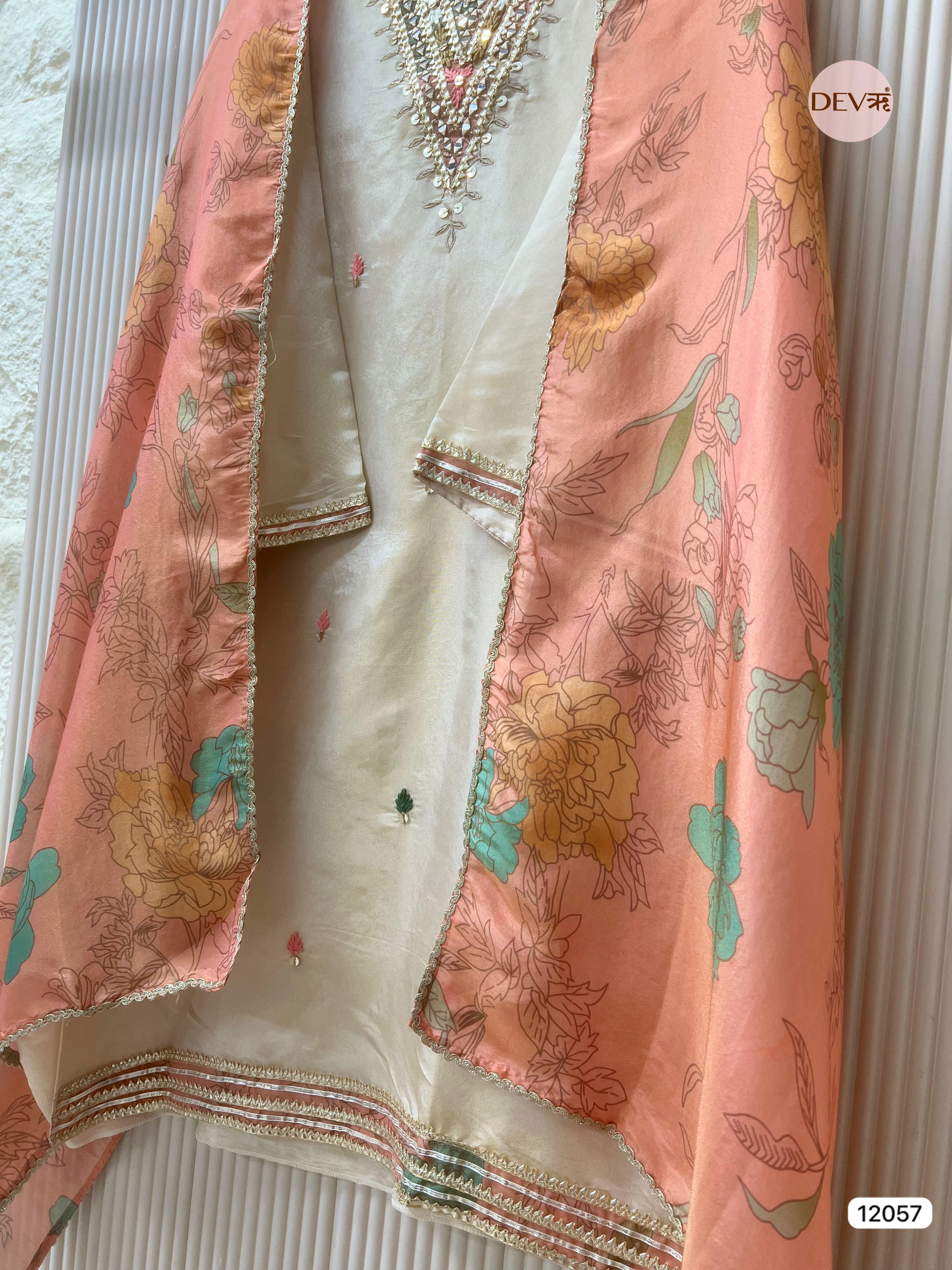 Cream Colour Tissue Shimmer Silk Semi Stitched Hand Embroidered -Set Of 3 - {12057}