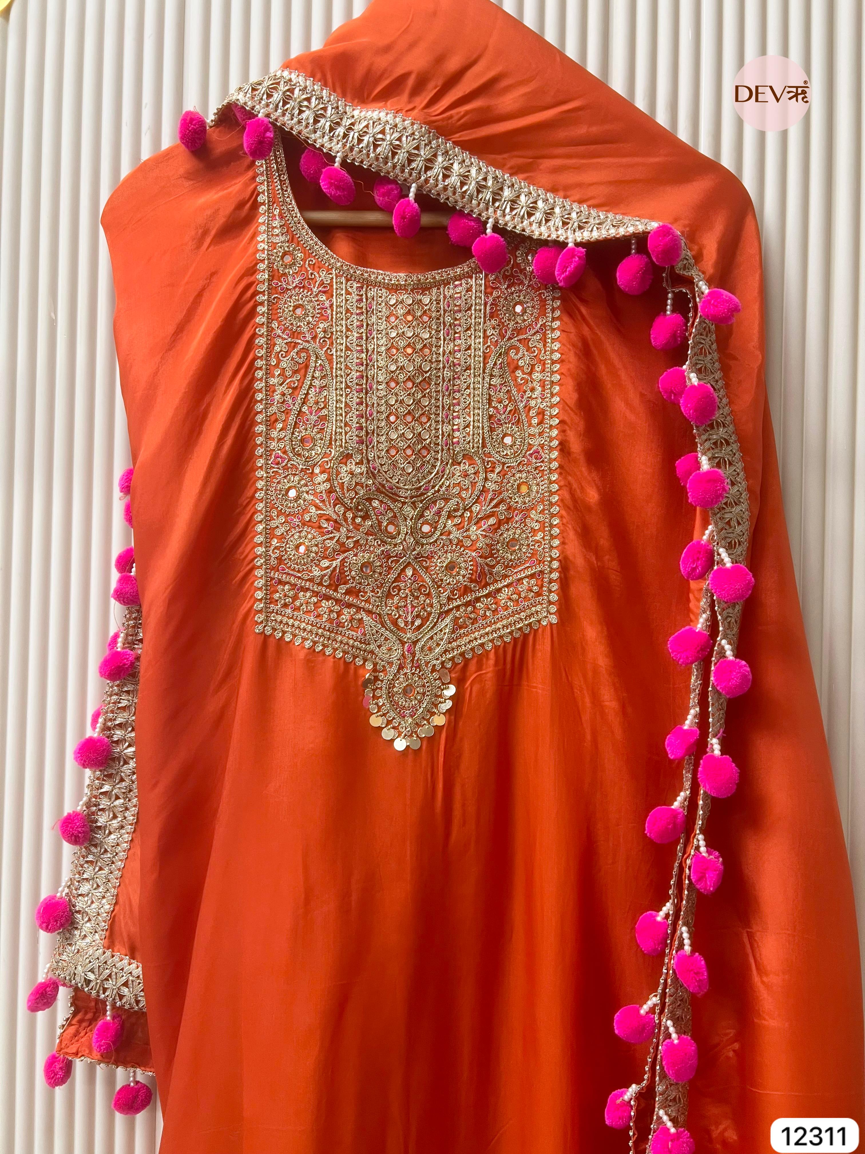 Orange Glass Organza Embroidered Unstitched 3-Piece Suit (Devri – D.No 12311)