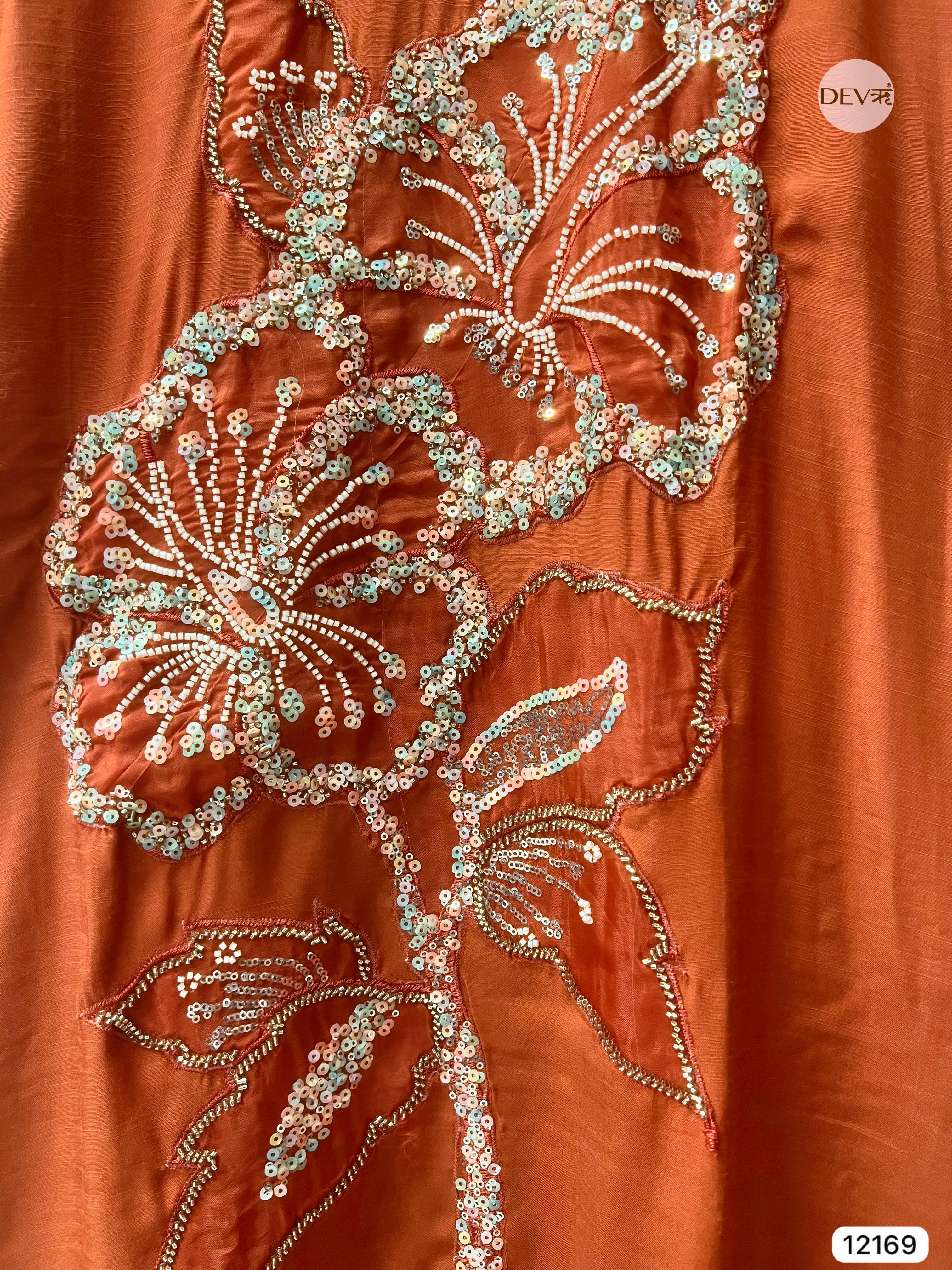 Rust Pure Russian Silk Semi Stitched Hand Embroidered -Set Of 3 - {12169}