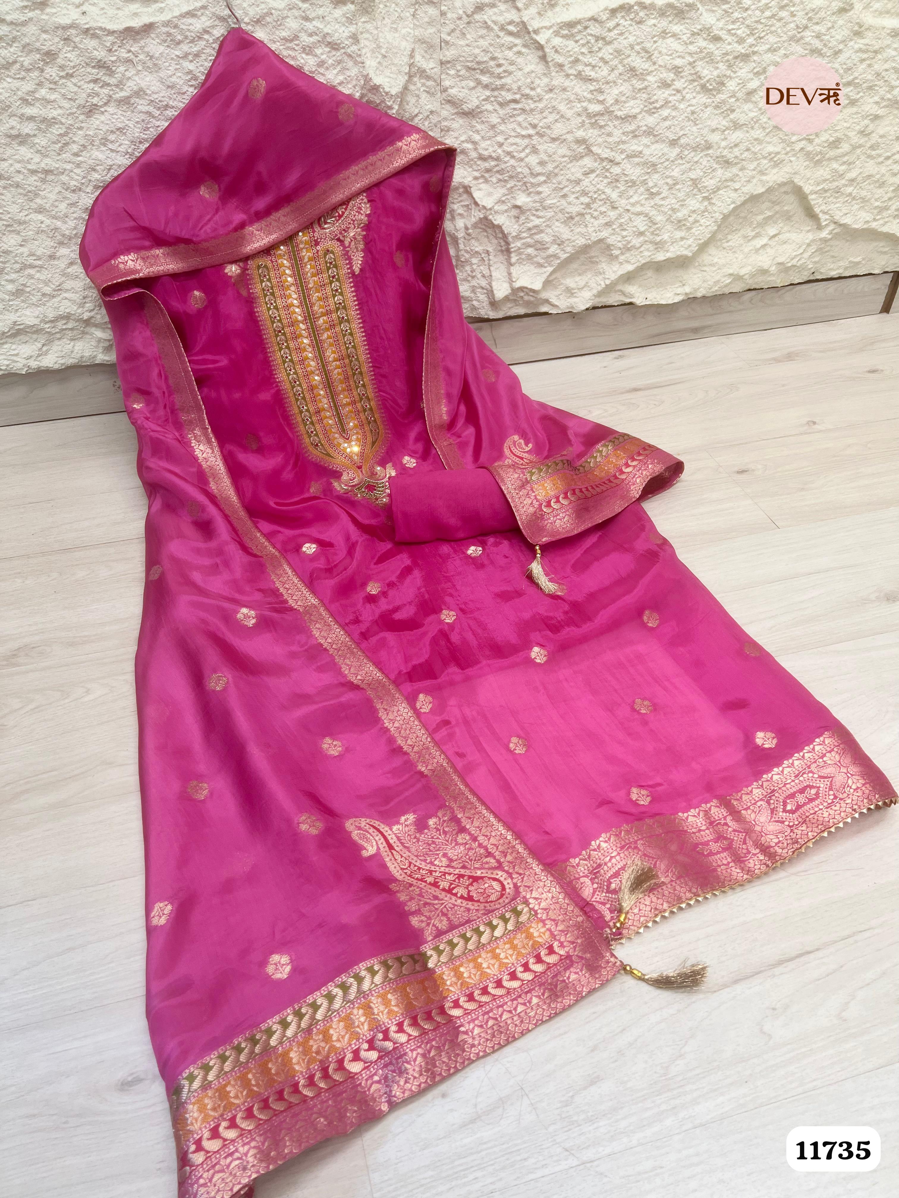 Pink Organza Silk Unstitched Banarasi Weave Hand Embroidered -Set Of 3 {11735}