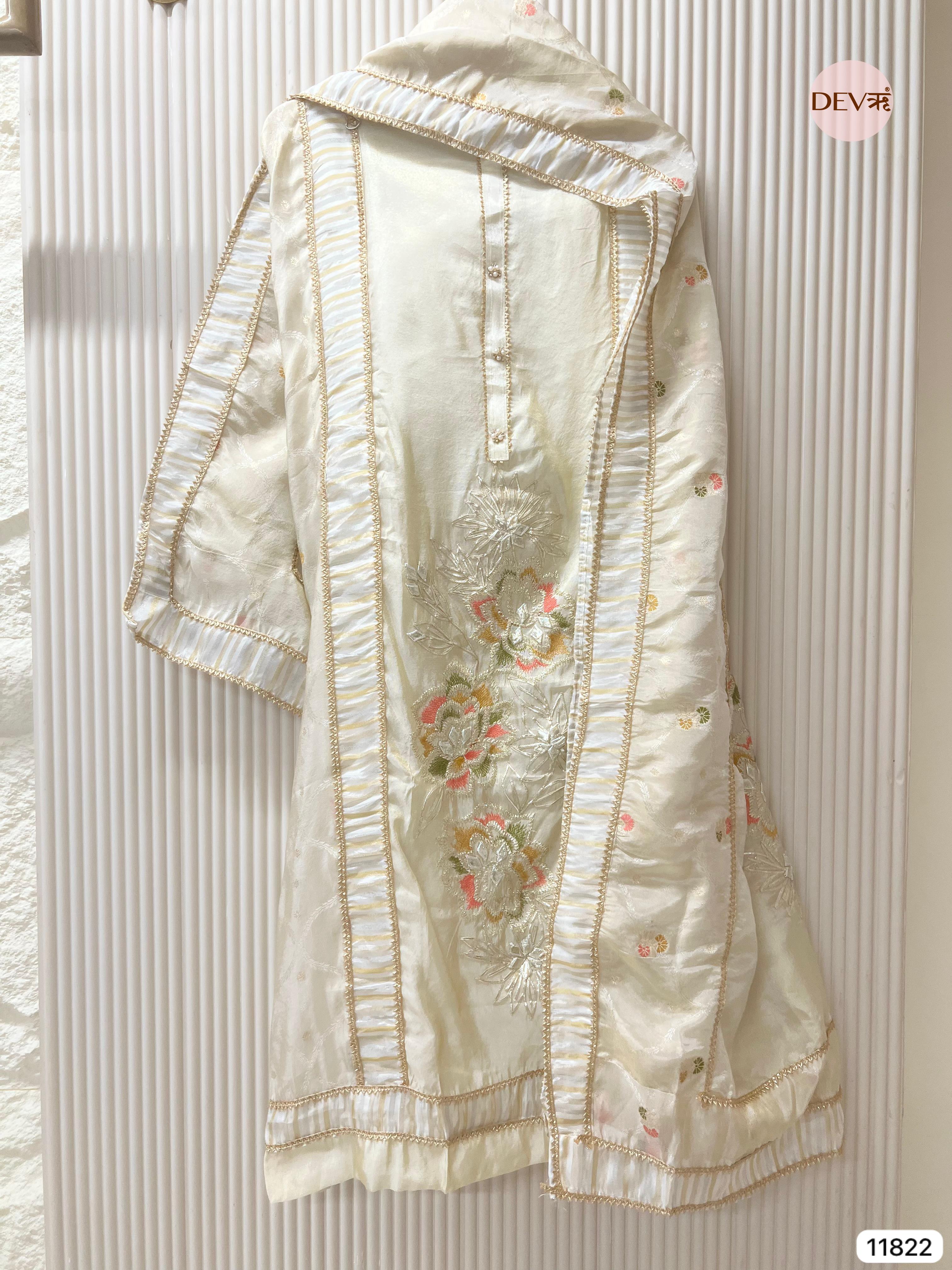 White Tissue Shimmer Silk Unstitched Hand Embroidered -Set Of 3 - {11822}