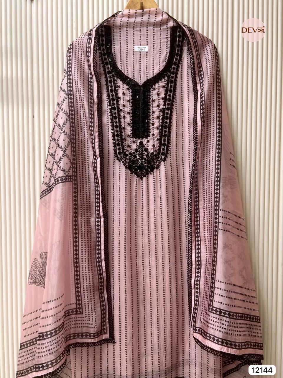 Pink Pure Organza Unstitched Printed Hand Embroidered -Set Of 3 - {12144}