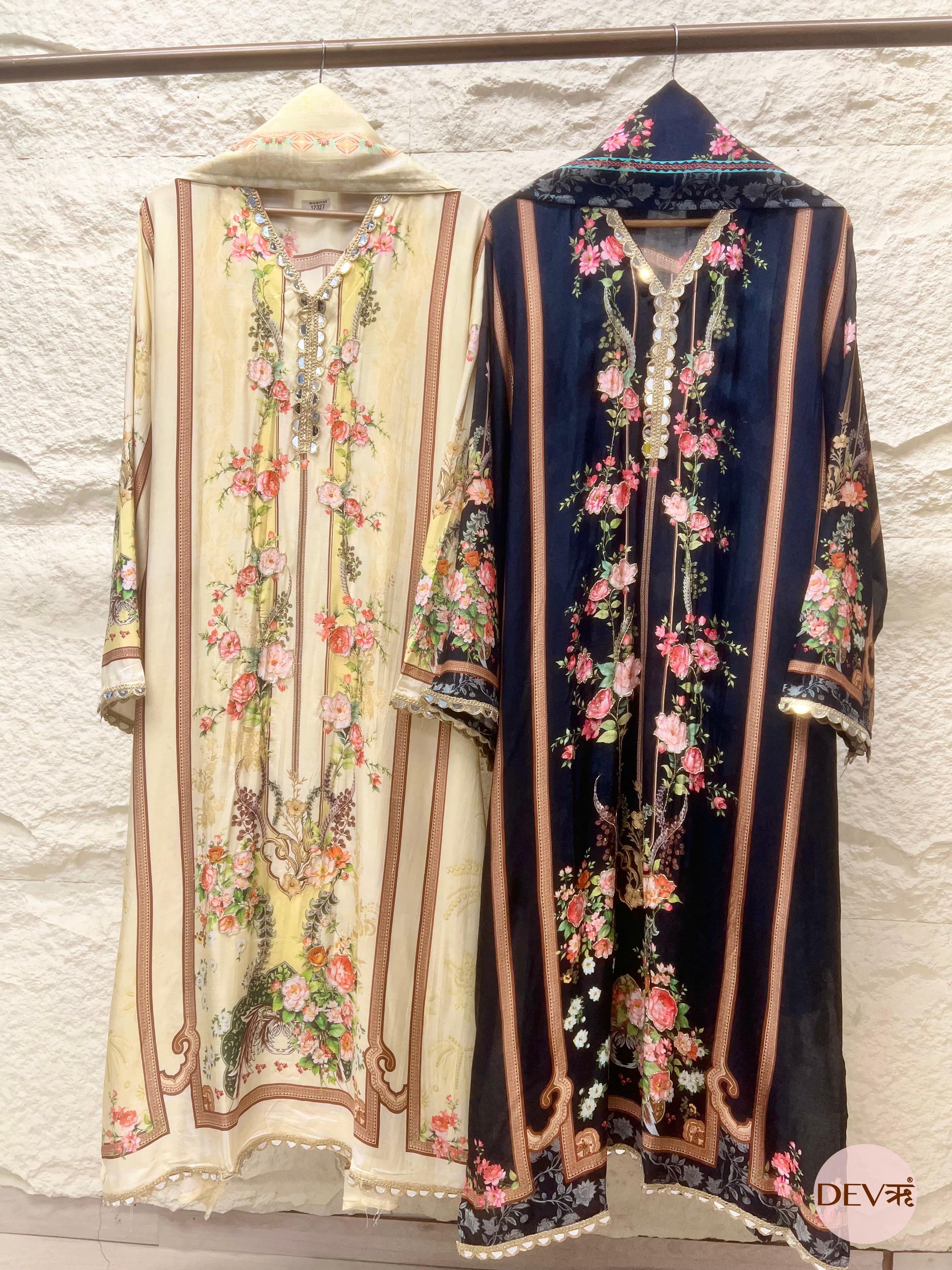 Deep Navy Muslin Printed Unstitched 3-Piece Suit (Devri – D.No 12328)