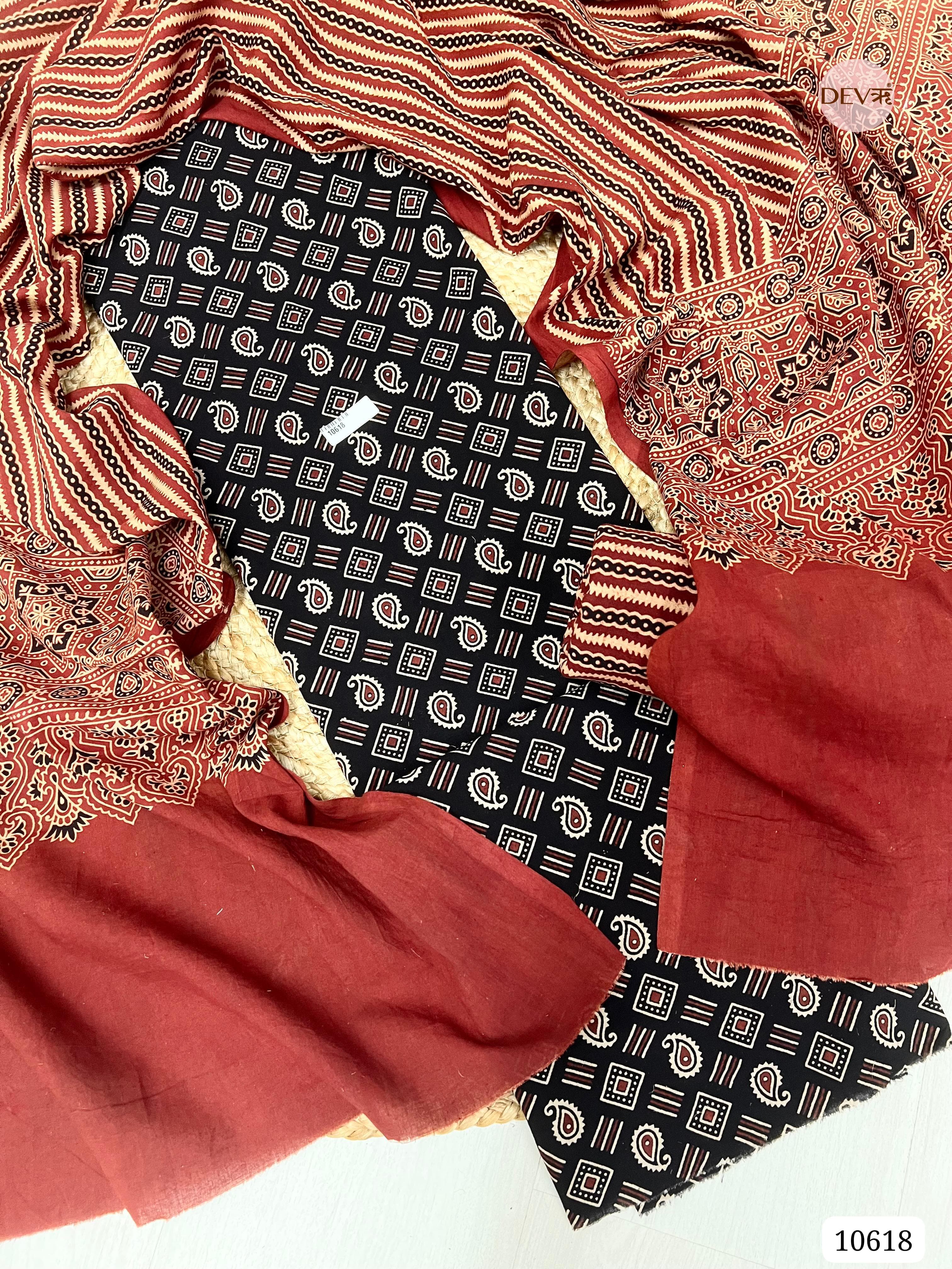 Black Cotton Unstitched Ajrak printed -Set Of 3