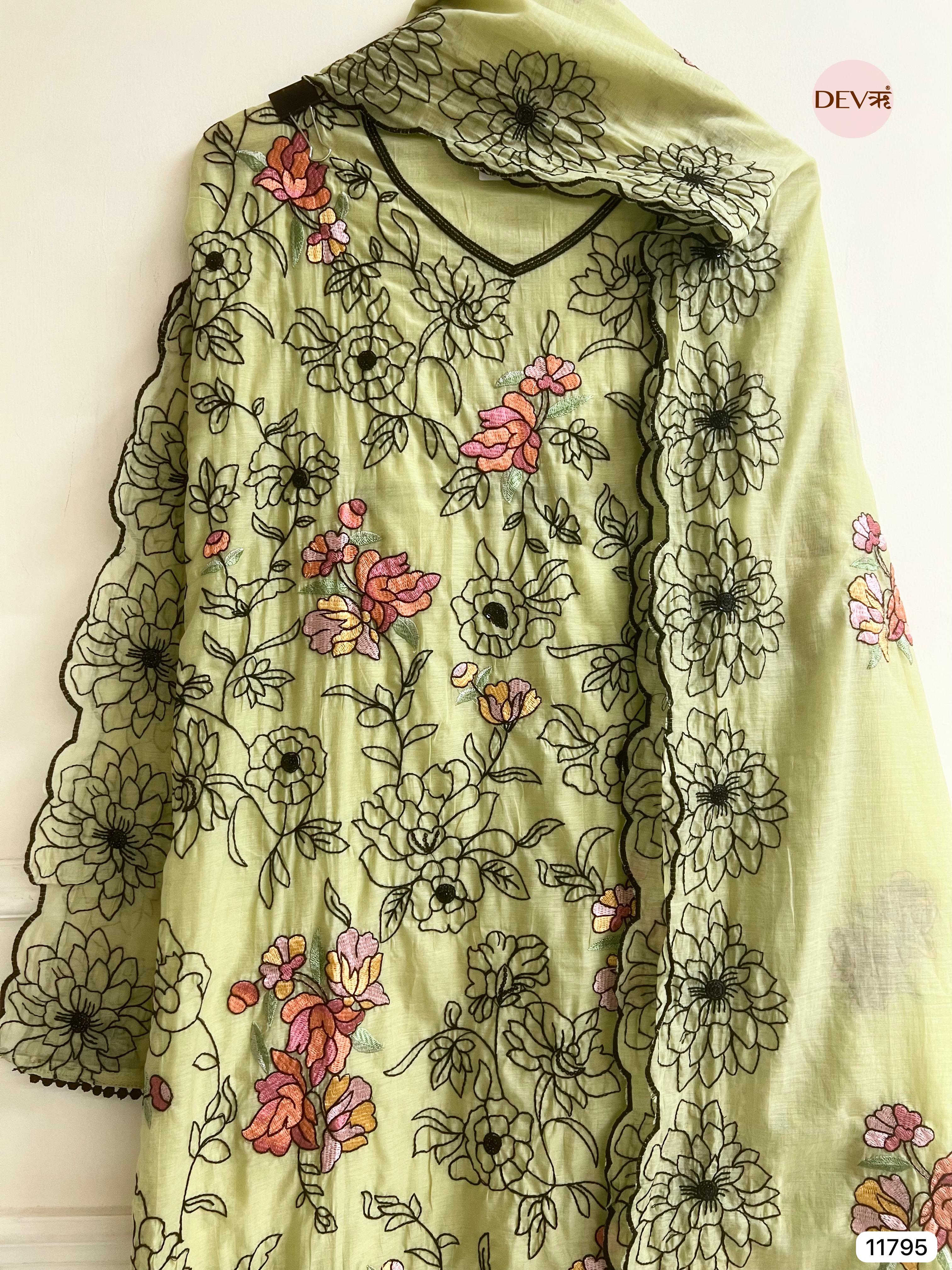 Green Mul Chanderi Embroidered Unstitched - Set of 3 - {11795}