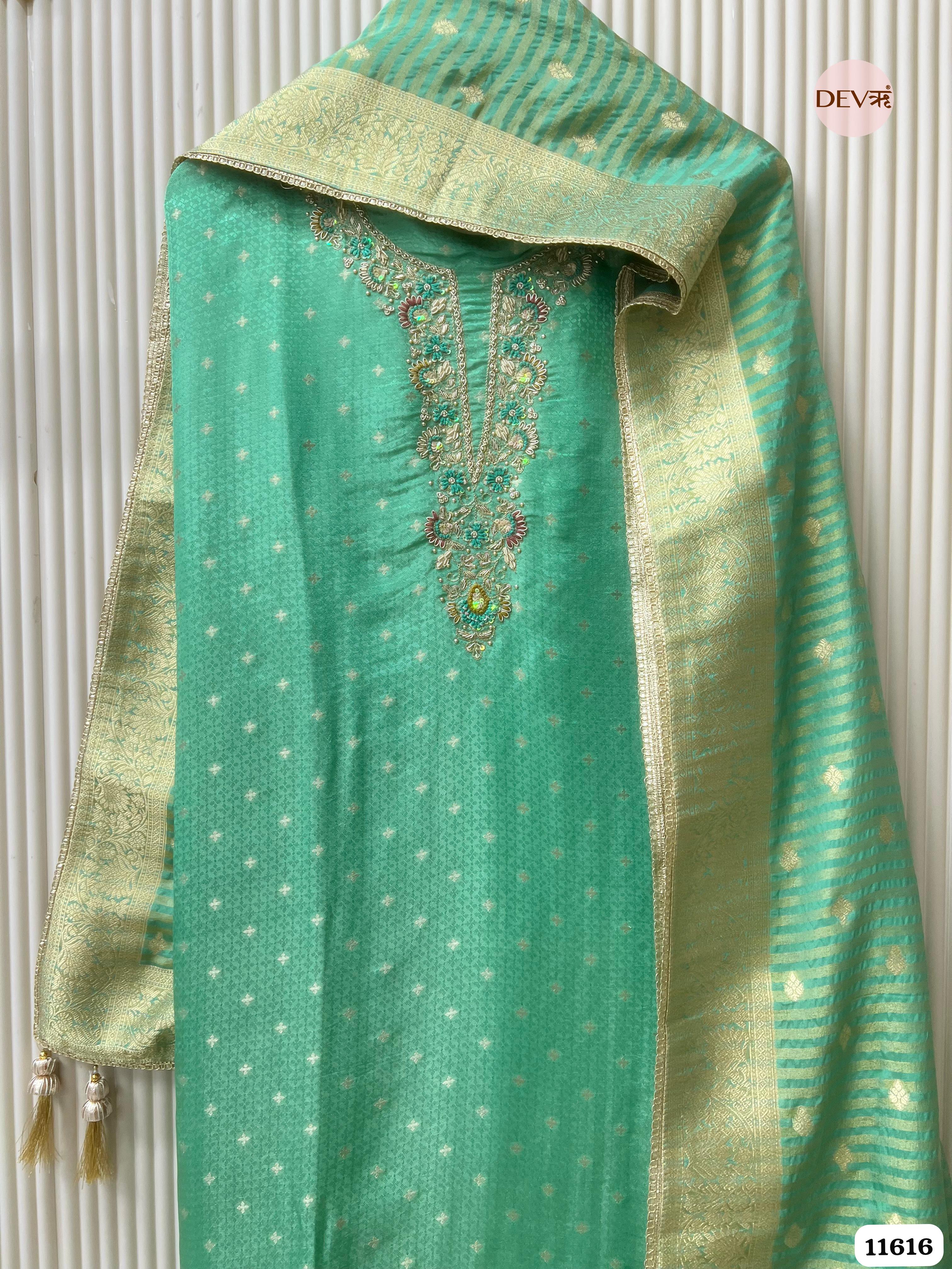 Green Pure Tissue Banarasi Silk Unstitched Hand Embroidered -Set Of 3 {11616}