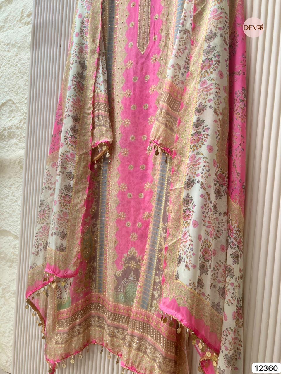 Pink Organza Printed Unstitched 3-Piece Suit (Devri – D.No 12360)