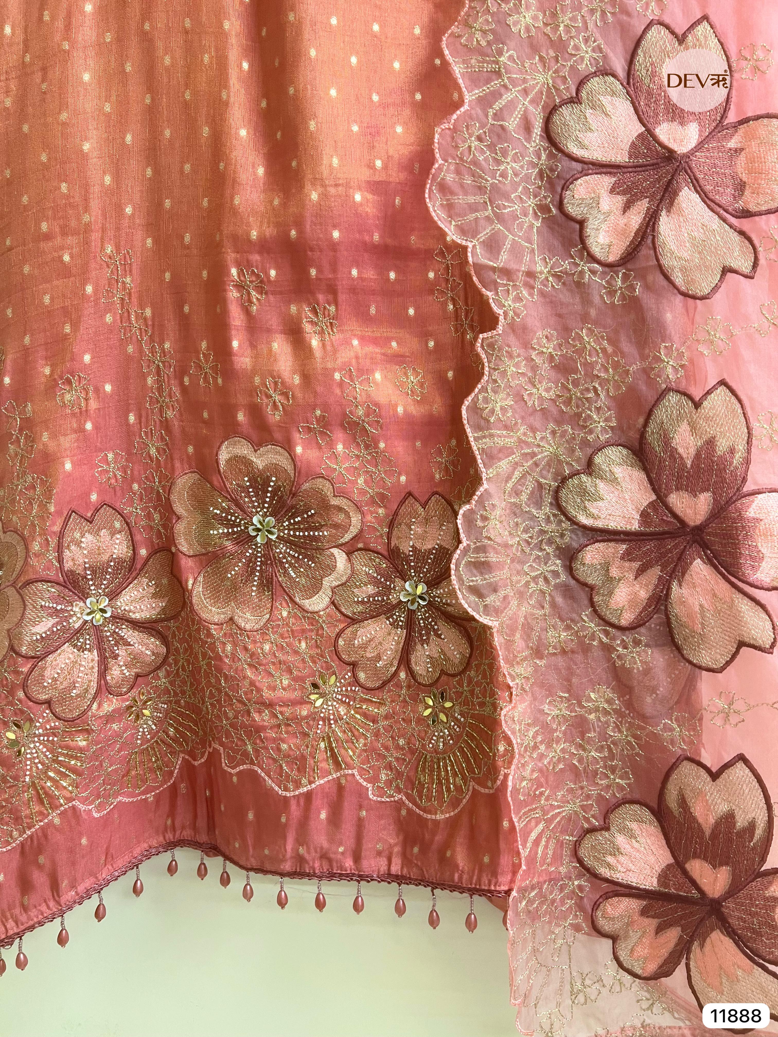 Peach-Pink Tissue Silk Unstitched Embroidered -Set Of 3 - {11888}