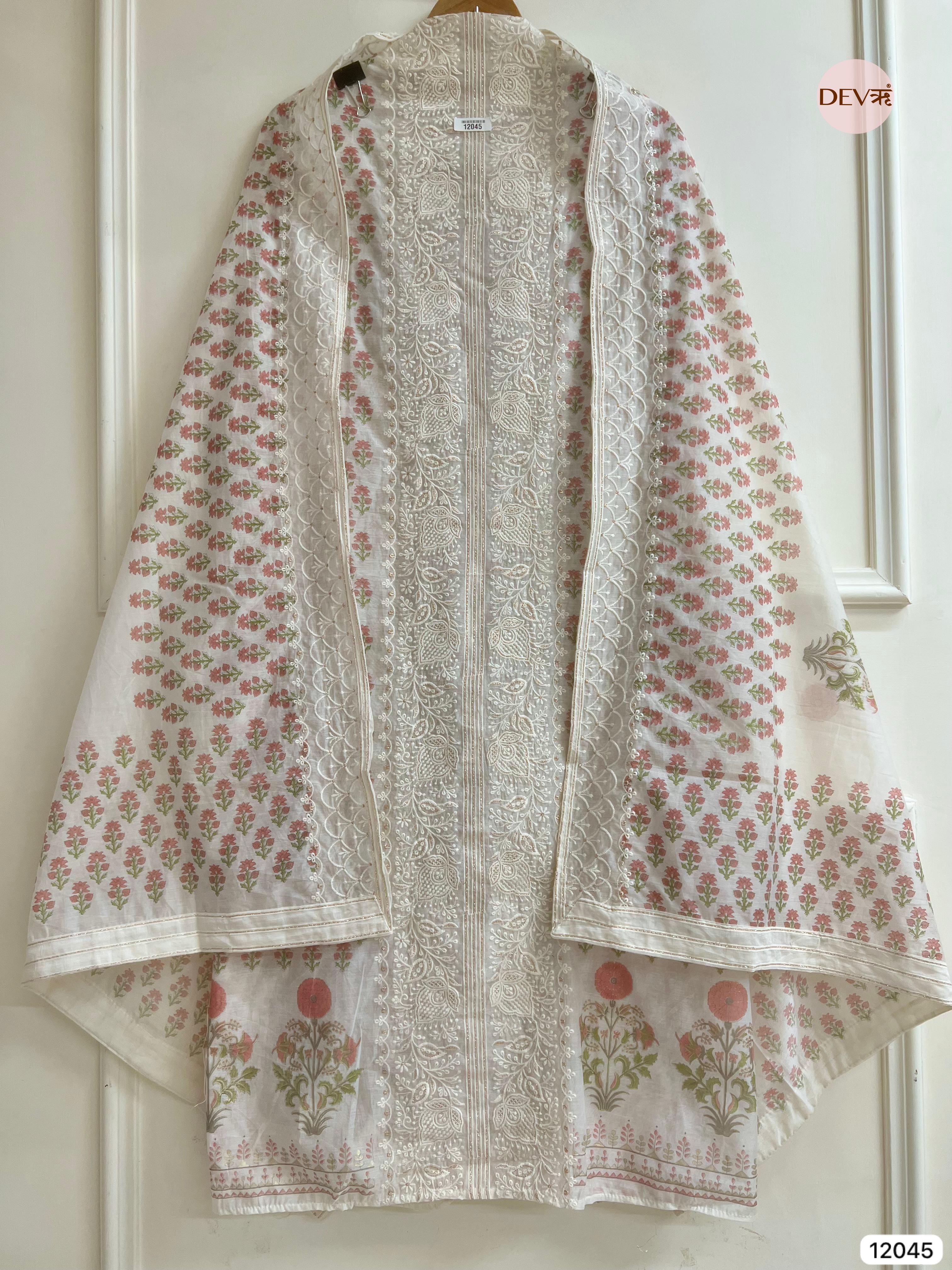 Off White Mul Chanderi Unstitched Block Printed Lucknawi Embroidered -Set Of 3 - {12045}