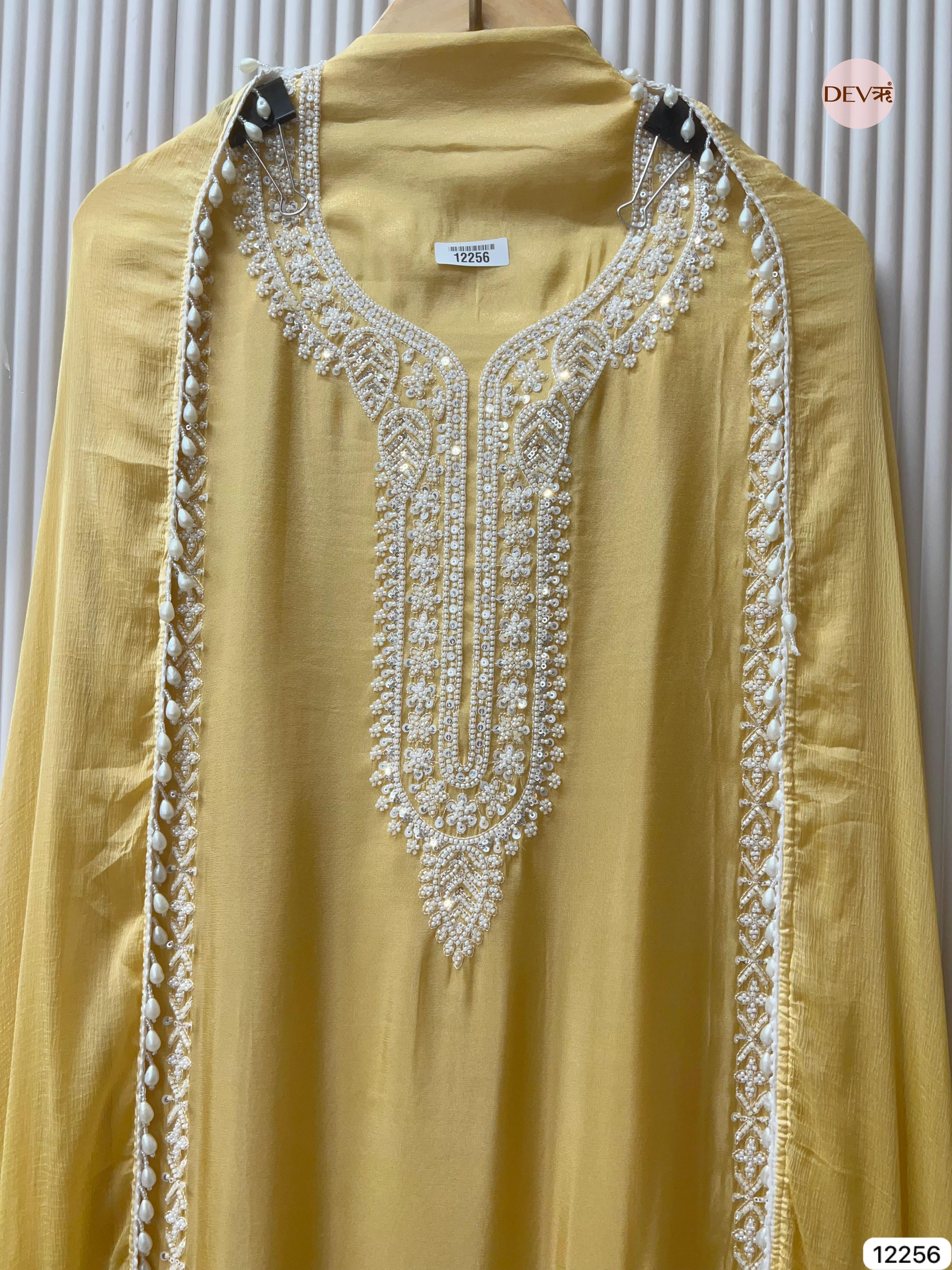 Mustard Shimmer Silk Embroidered Unstitched 3-Piece Suit (Devri – D.No 12256)