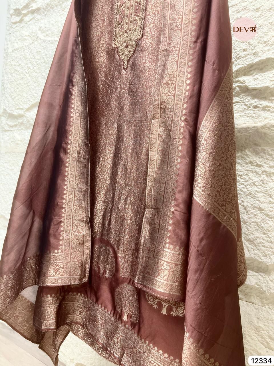 Rich Brown Pure Banarasi Silk Woven Unstitched 3-Piece Suit (Devri – D.No 12334)
