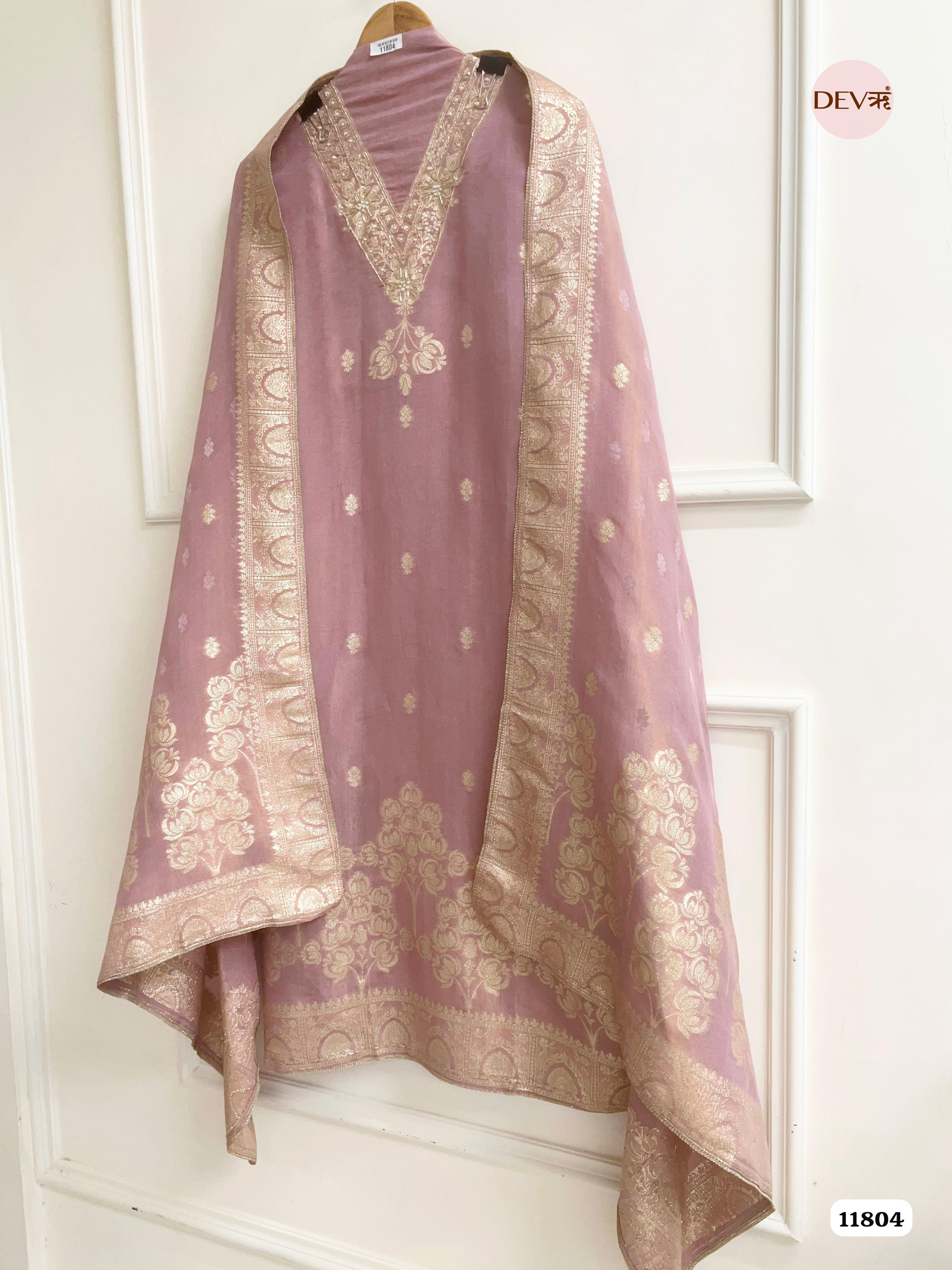 Pink Tissue Silk Unstitched Banarasi Weave Hand Embroidered -Set Of 3