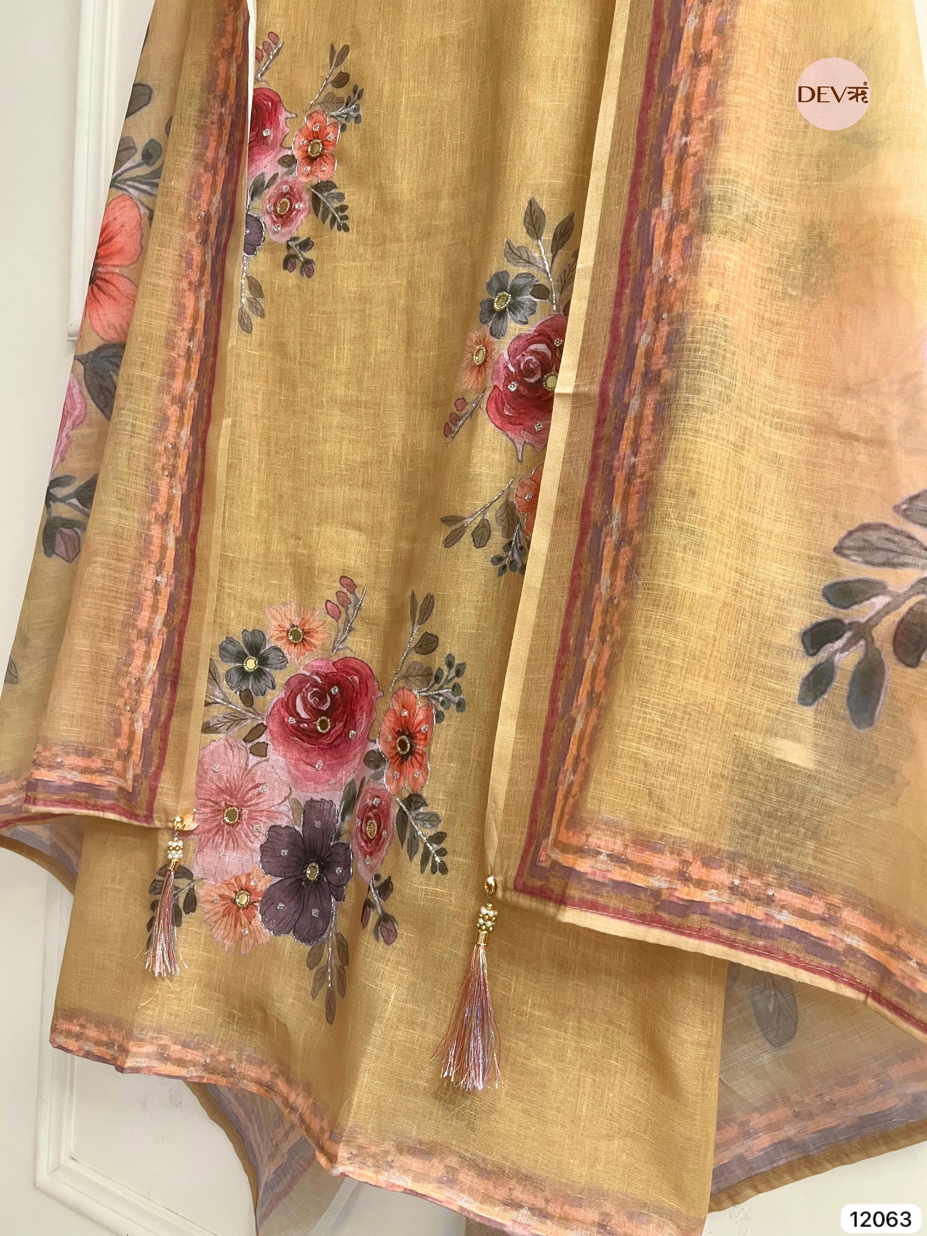 Golden Yellow Linen Printed Unstitched Hand Embroidered -Set Of - {12063}