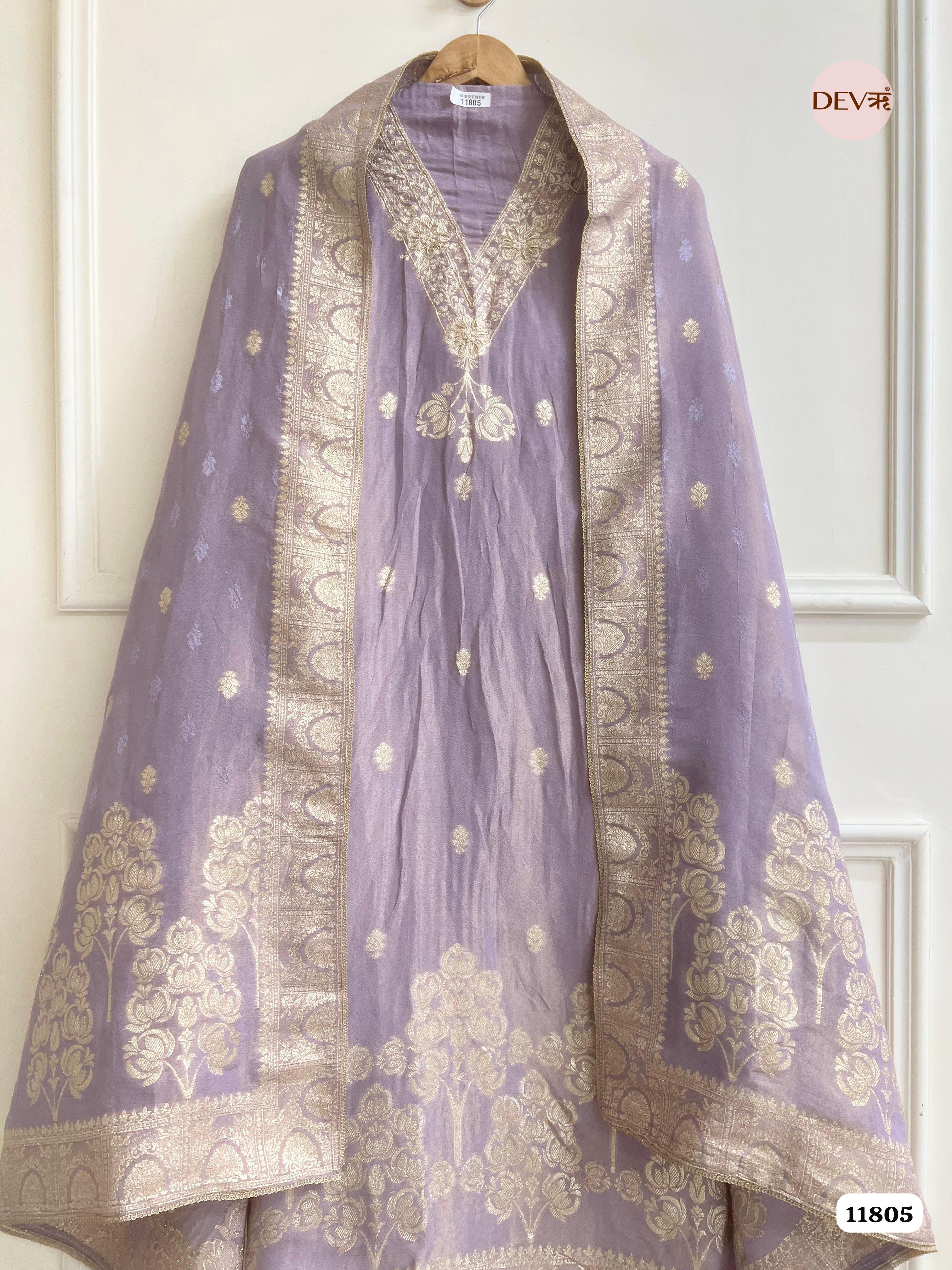 Purple Tissue Silk Unstitched Banarasi Weave Hand Embroidered -Set Of 3 {11805}