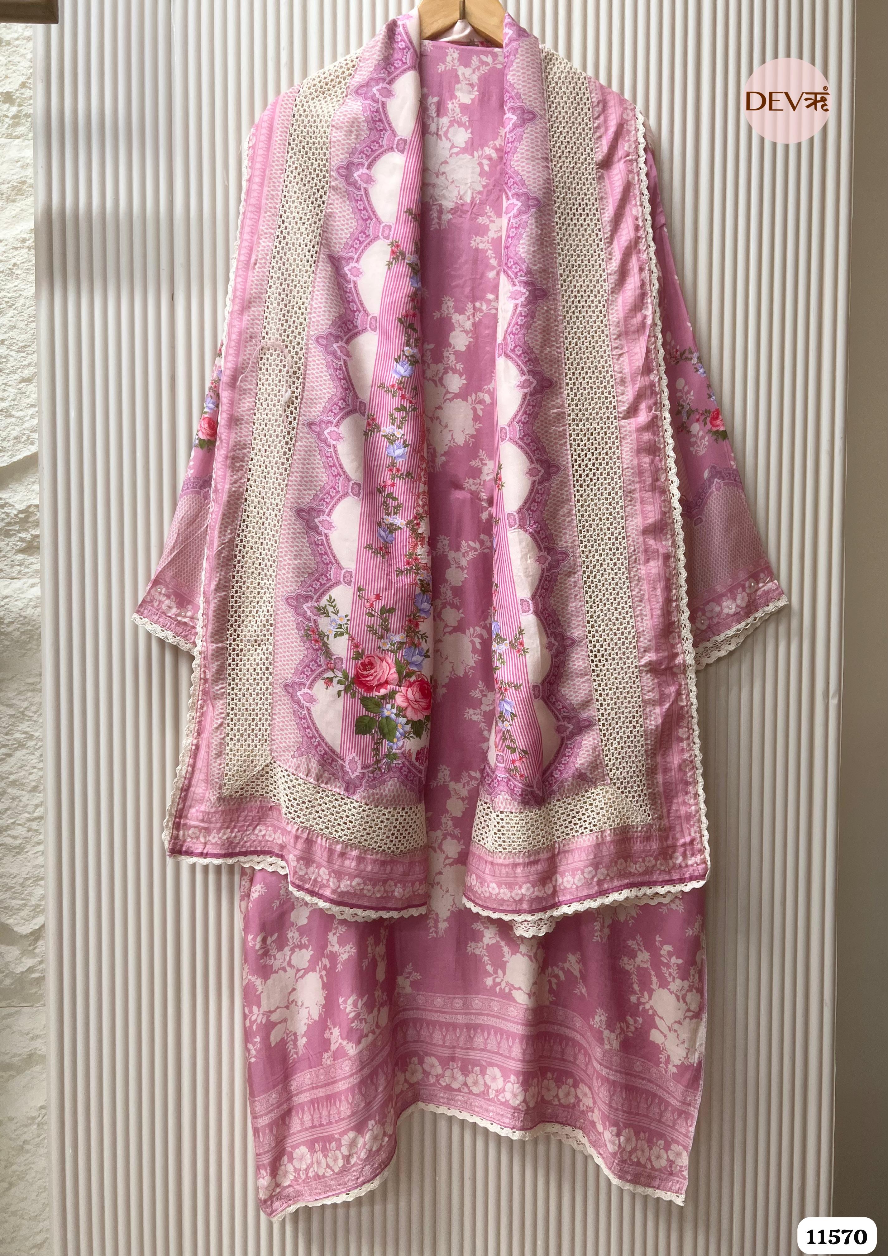Pink Muslin Printed Semi Stitched Hand Embroidered -Set Of 3 {11570}