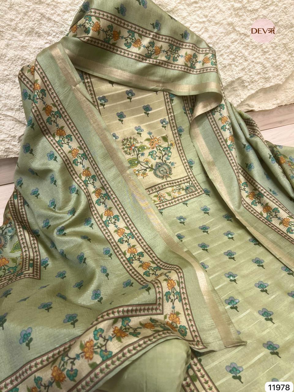 Sage Green Tusser Silk Hand-Embroidered Unstitched 3-Piece Suit (Devri – D.No 11978)