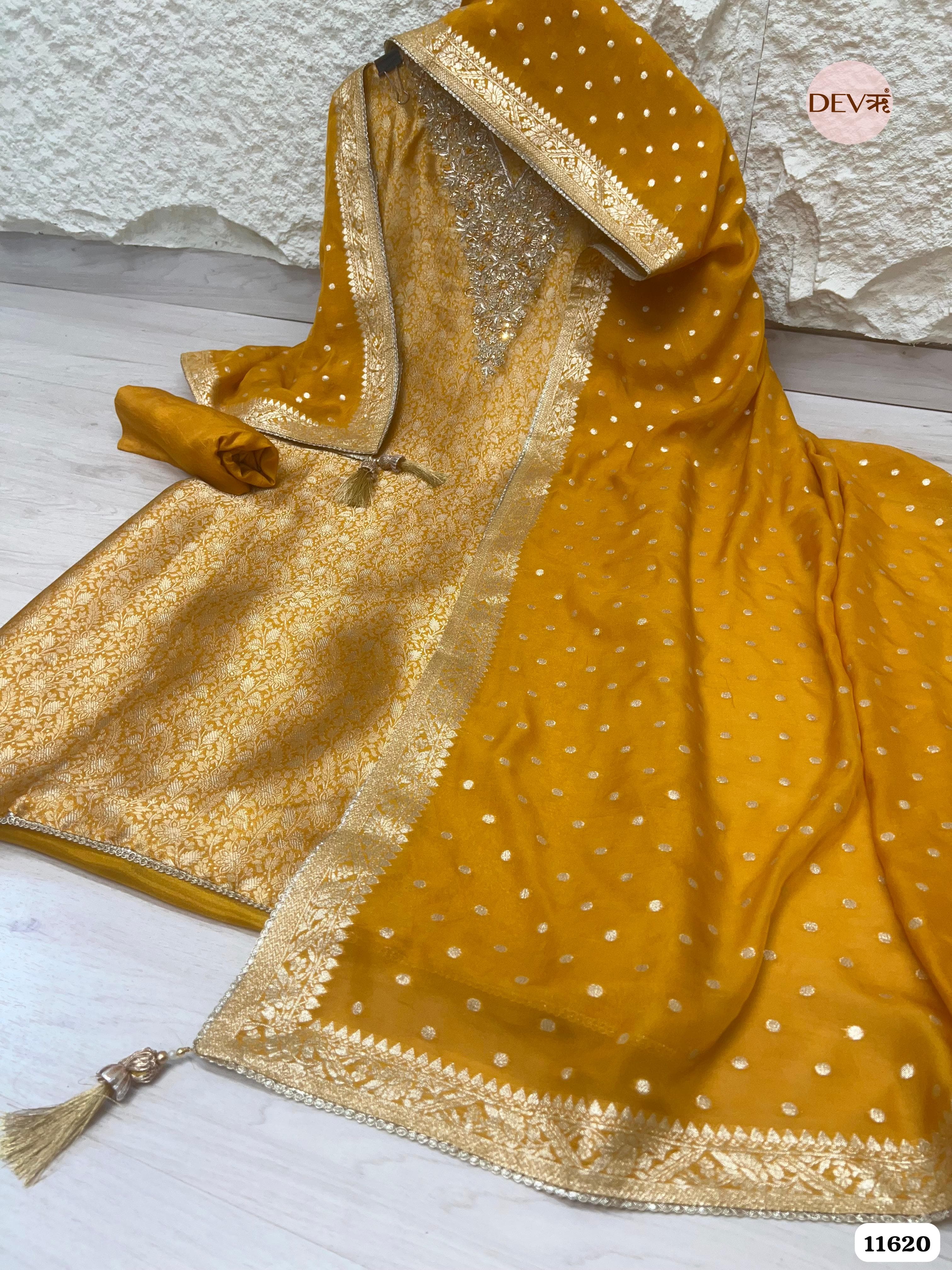 Yellow Pure Tissue Banarasi Silk Unstitched Hand Embroidered -Set Of 3 {11620}