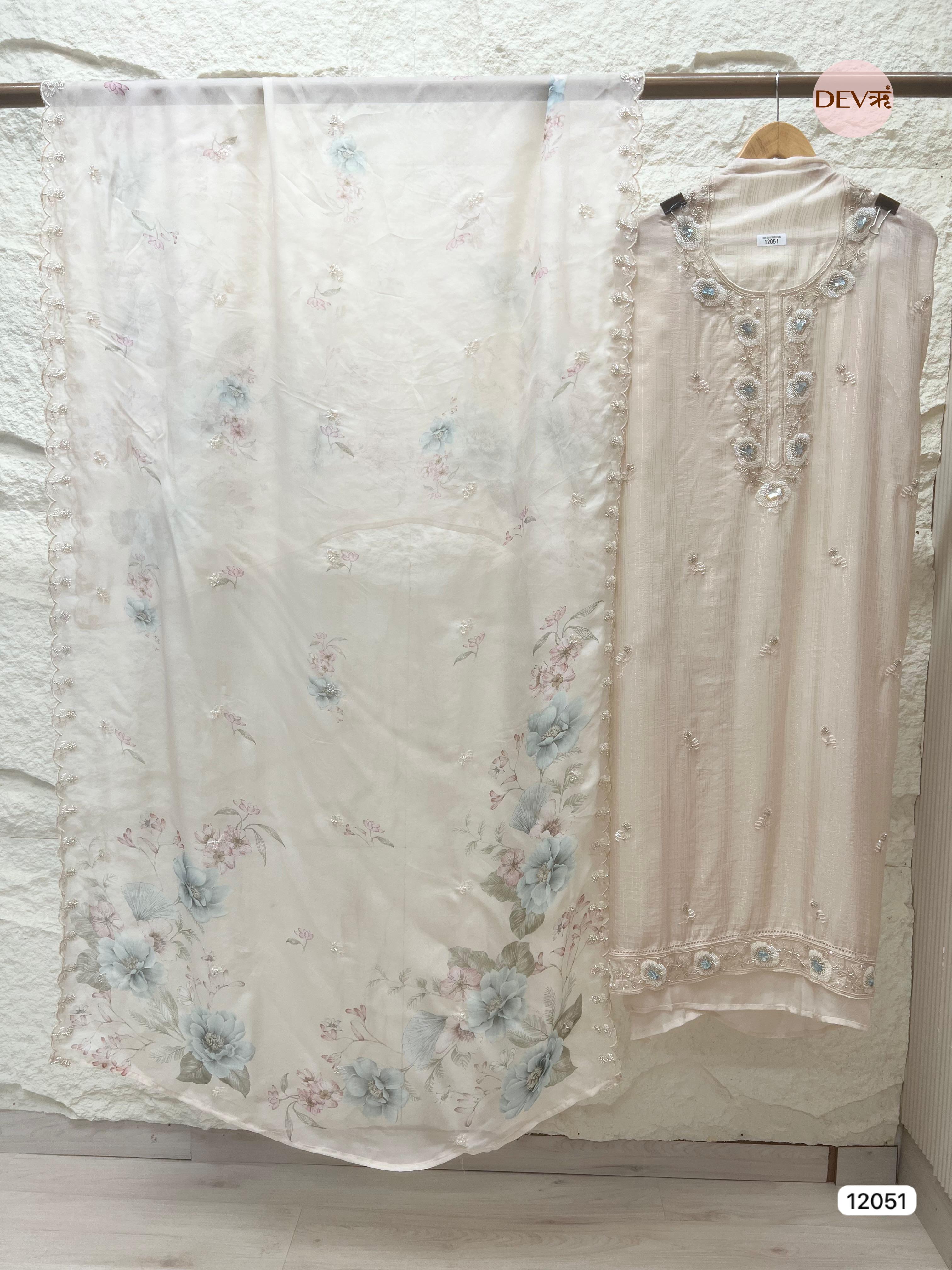 Off White Pure Organza Woven Unstitched Hand Embroidered -Set Of 3 - {12051}